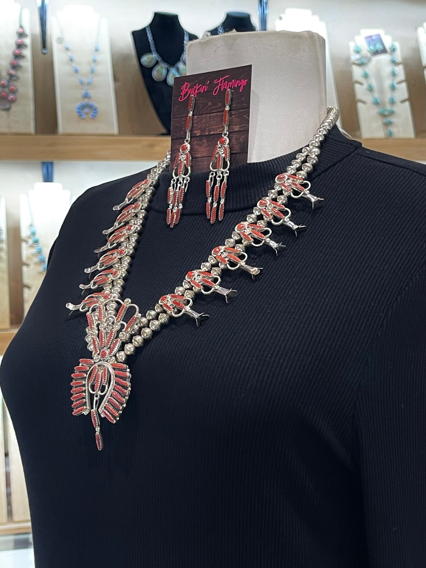 24" Red Coral Squash Blossom & Earring Set by Claudine Penketewa, Zuni