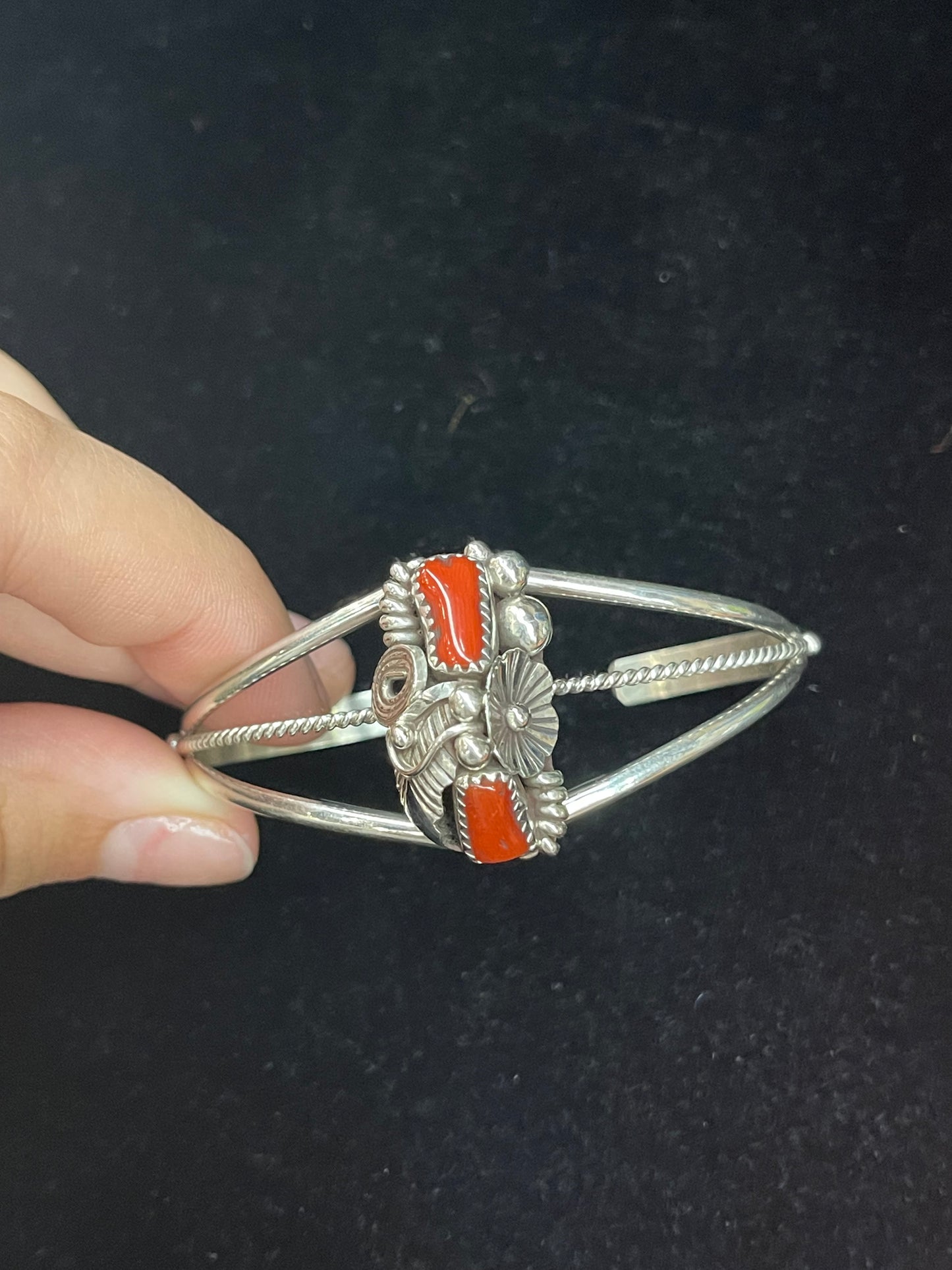5.5"- 7" Red Coral Cuff by Max Calladitto, Navajo