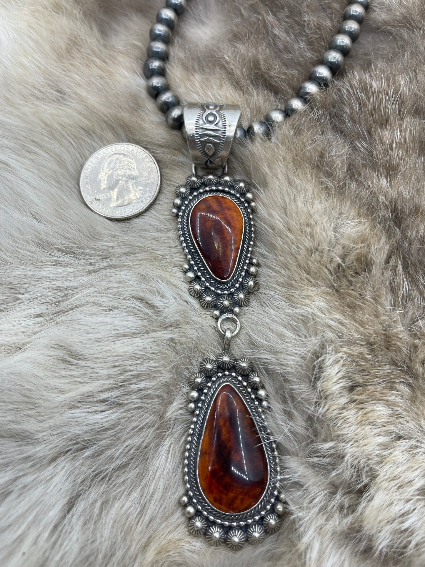 Dark Spiny Oyster 2 Stone Pendant on 20" 7mm Navajo Style Pearls by Tom Lewis, Navajo