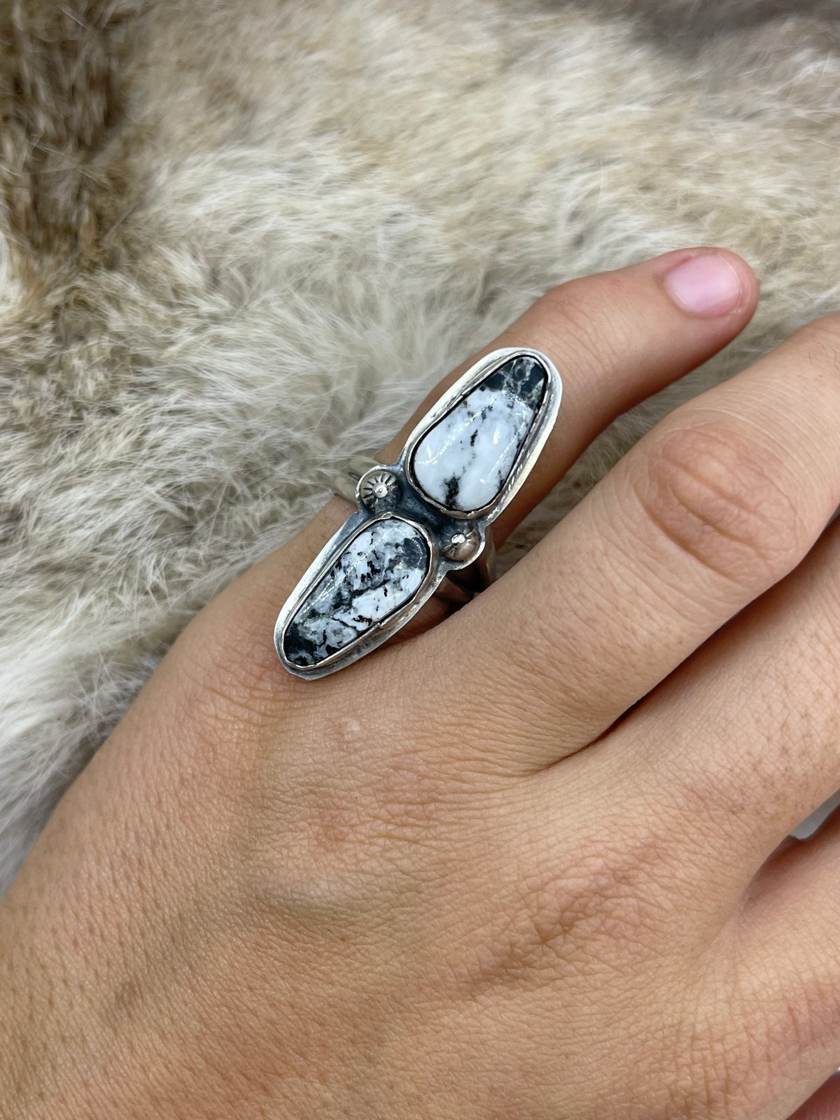 6.0 Semi Adjustable 2 Stone White Buffalo Ring by Boyd Ashley, Navajo