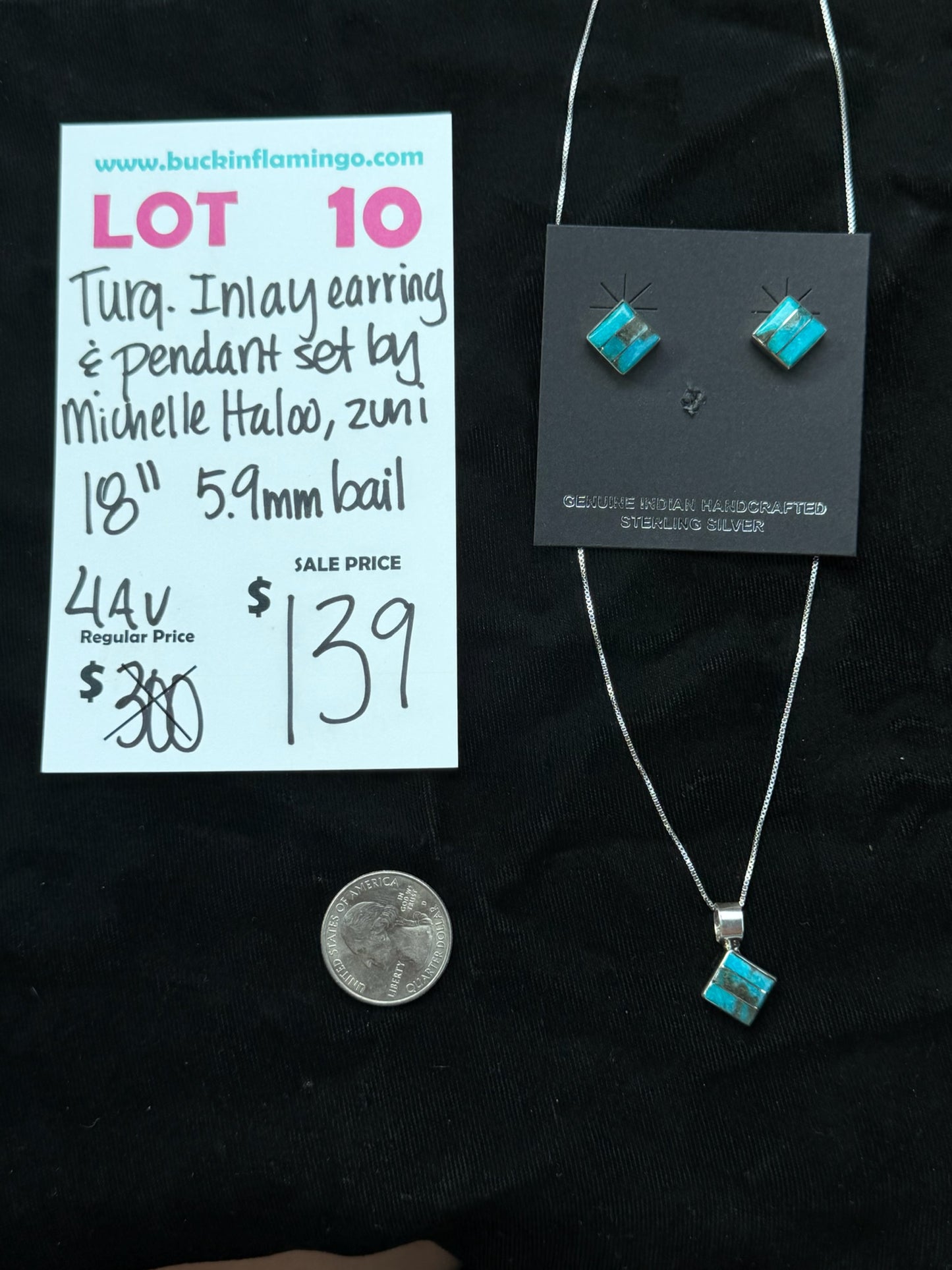 LOT 10 8/9 Turquoise Inlay Earring & Pendant Set by Michelle Haloo, Zuni 18" 5.9mm Bail