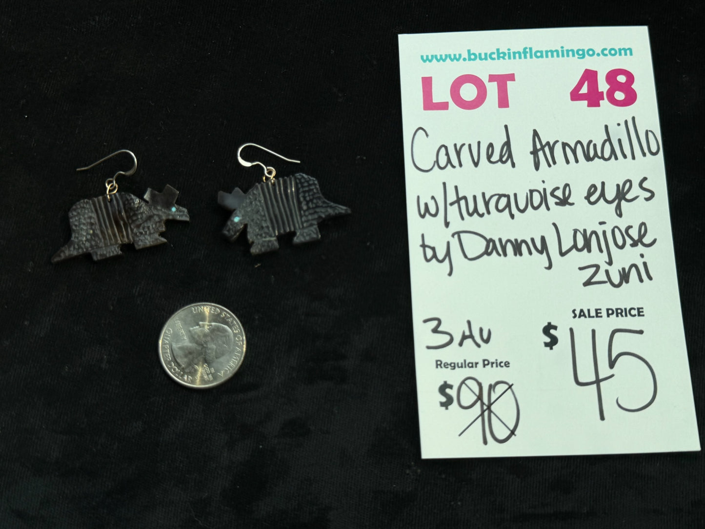 LOT 48 8/9 Carved Armadillo W/Turquoise Eyes by Danny Lonjose, Zuni