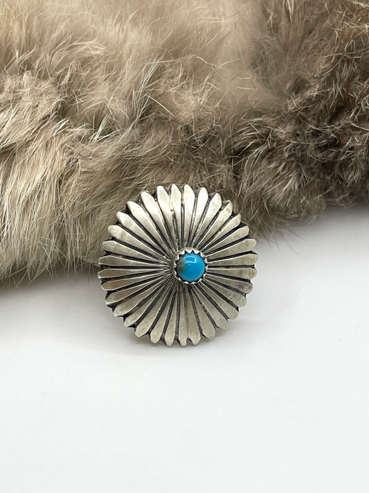 7.0 Turquoise Concho Ring by Alice Sanders, Navajo