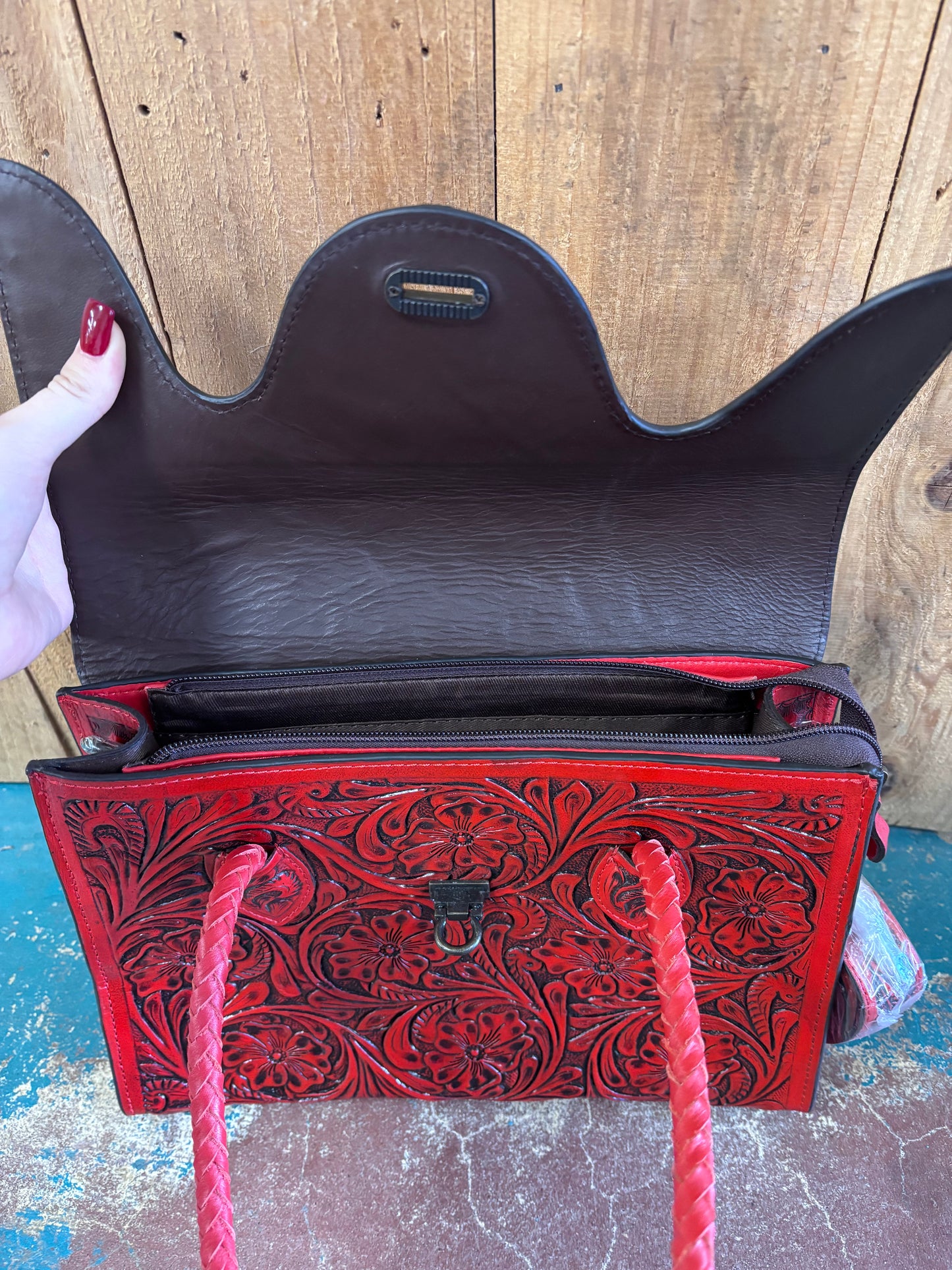 Red Flower Tooled Handbag Purse