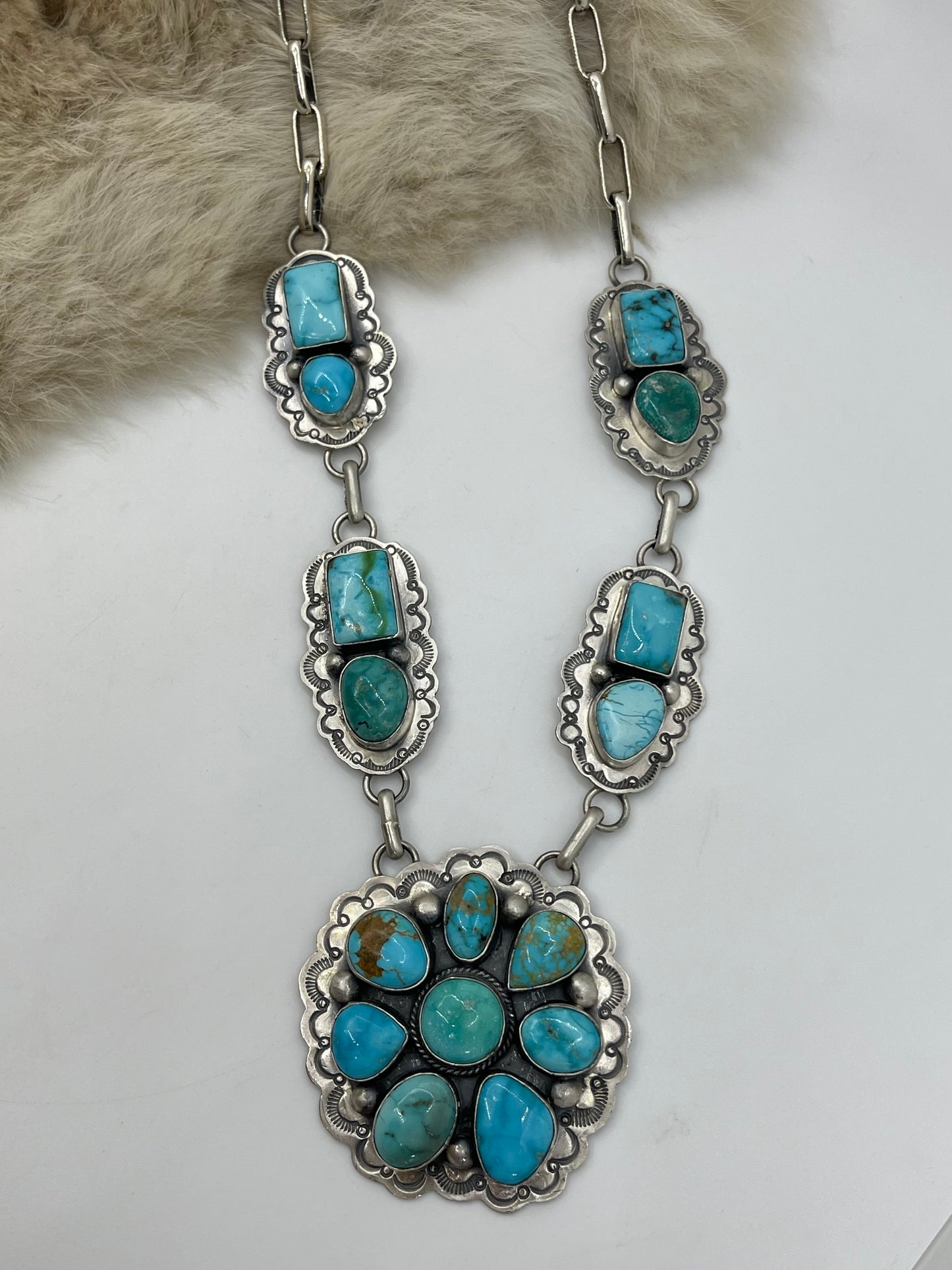 22" Kingman Turquoise Cluster Necklace by J. Piaso, Jr., Navajo