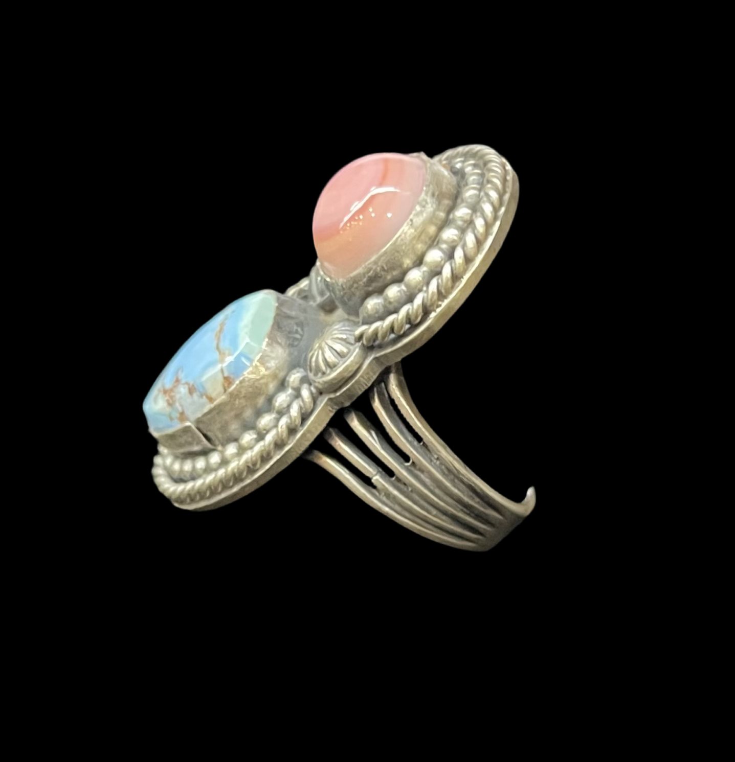 10.0 Pink Conch Shell and Golden Hills Turquoise Ring by Boyd Ashley, Navajo