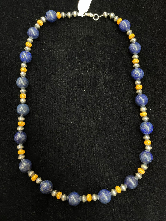 20" Lapis and Orange Spiny Oyster Necklace