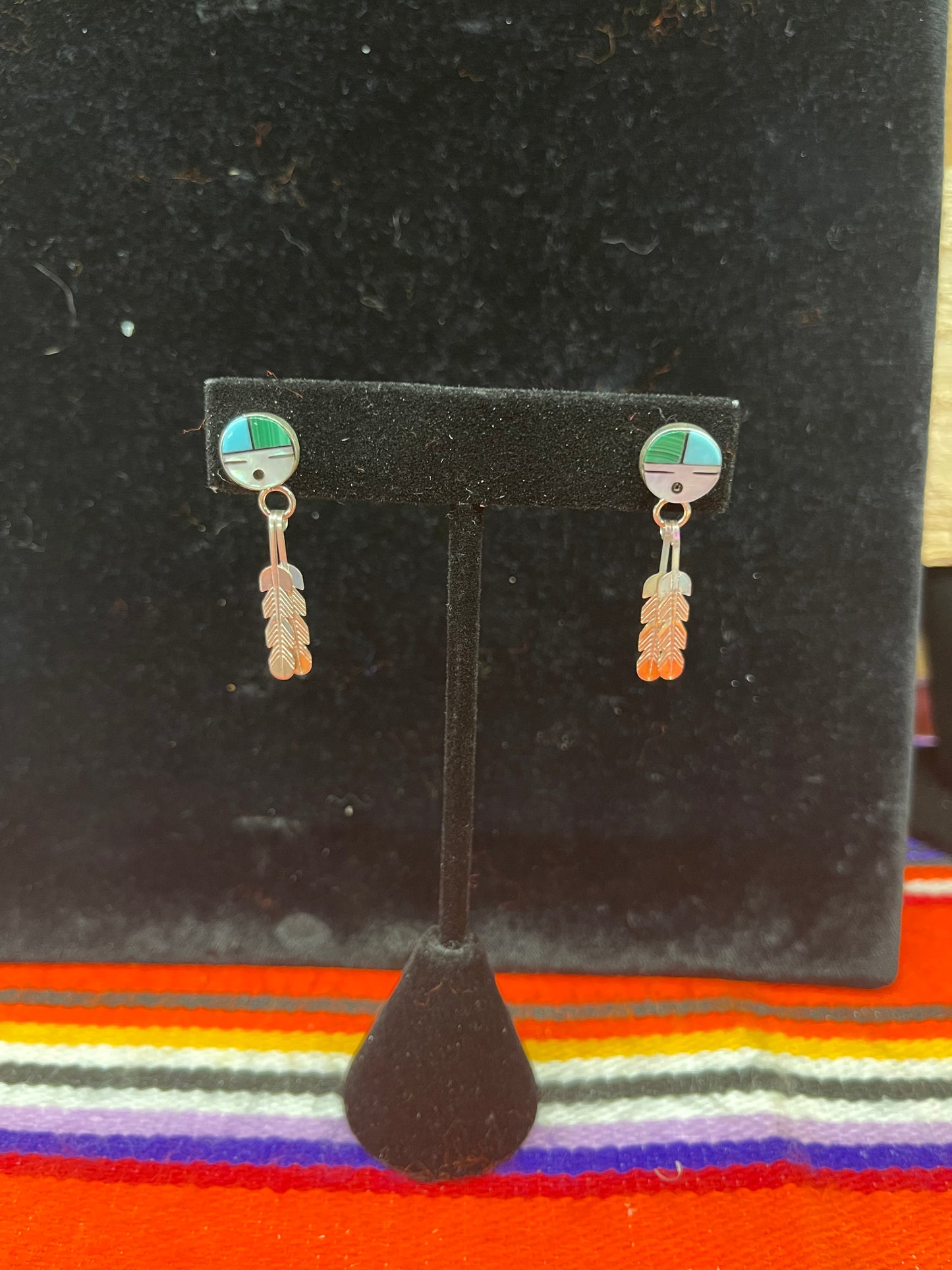 Inlay Earrings with 2 Dangling Feathers