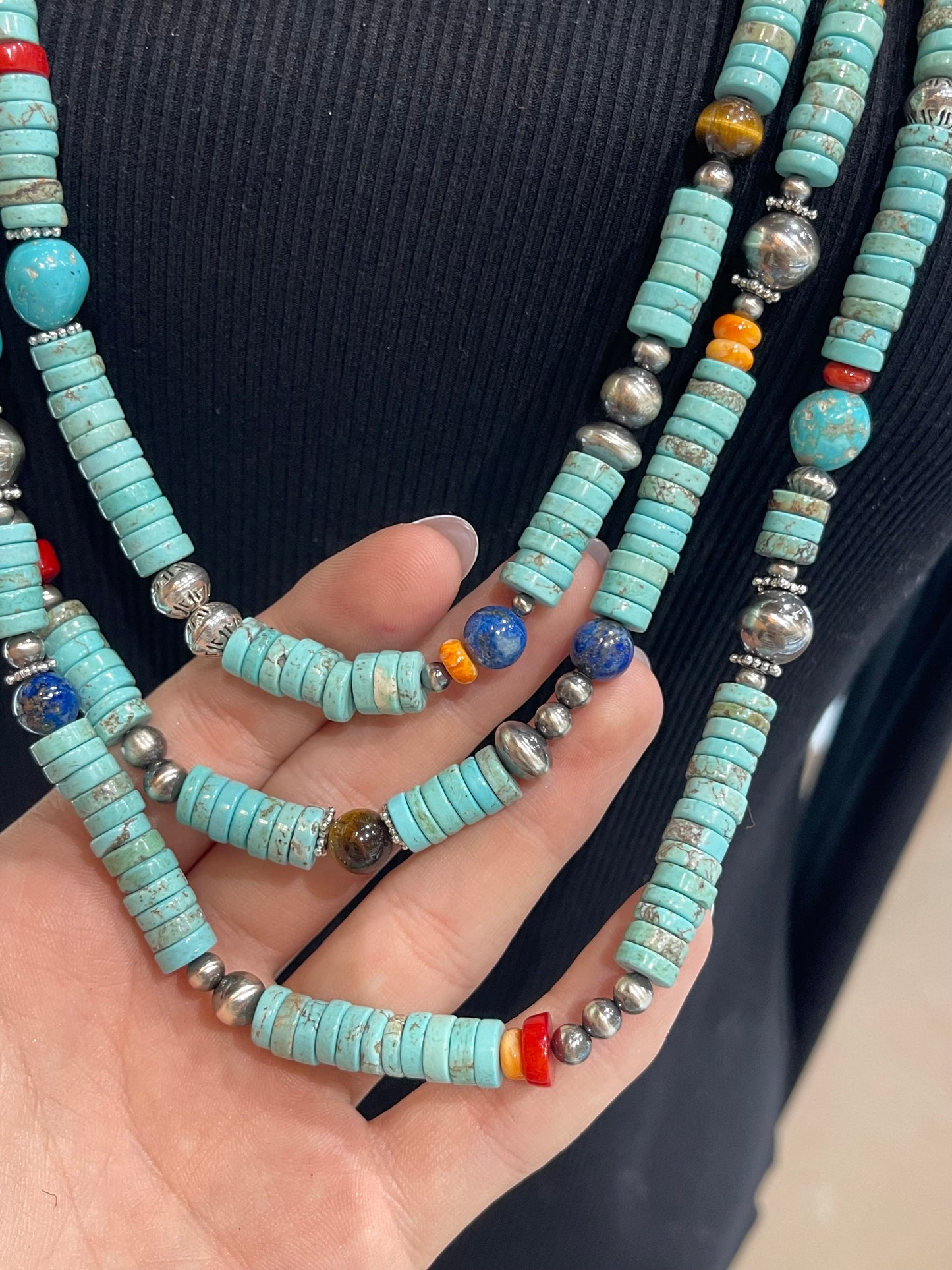 30" 3 STRAND HEISHI BEAD NECKLACE ON 10MM NAVAJO STYLE PEARLS MULTI STONE