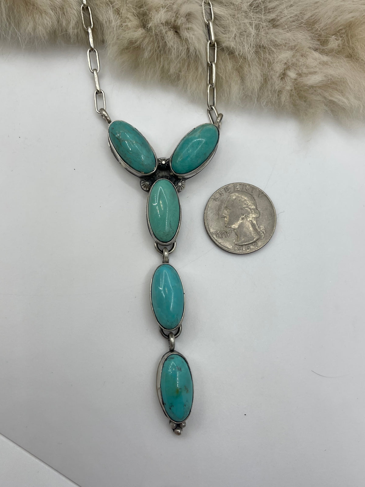 18” +3.5” 5 Stone Turquoise Lariat Necklace Stamp L by Artist
