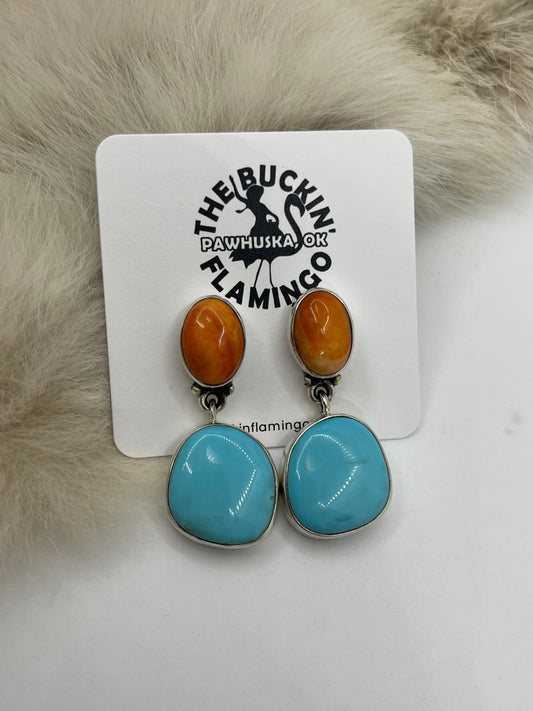 2 Stone Spiny Oyster And Turquoise Dangle Earrings