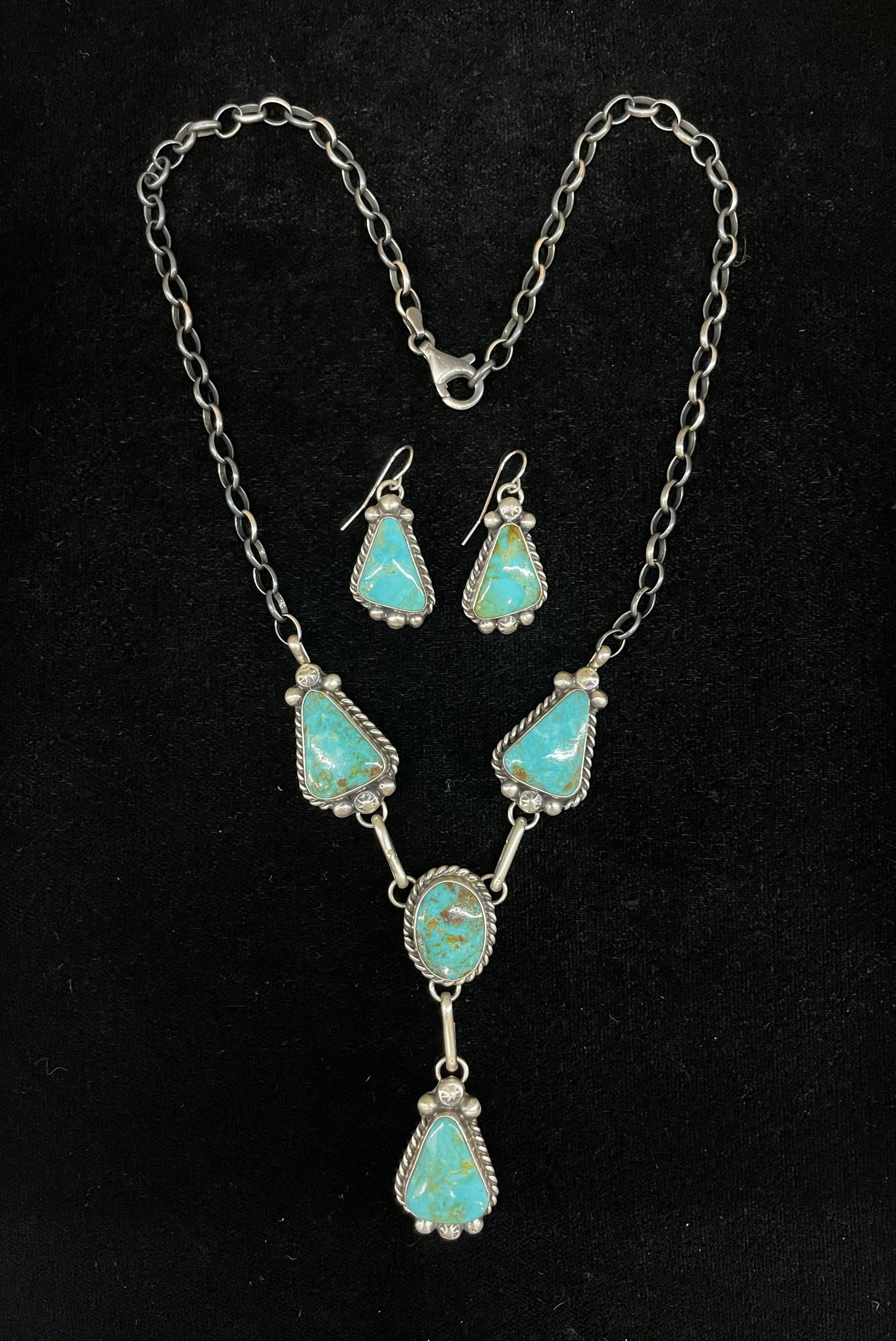 Kingman Turquoise Lariat Style Necklace with Triangle Dangle Earrings by Augustine Largo, Navajo