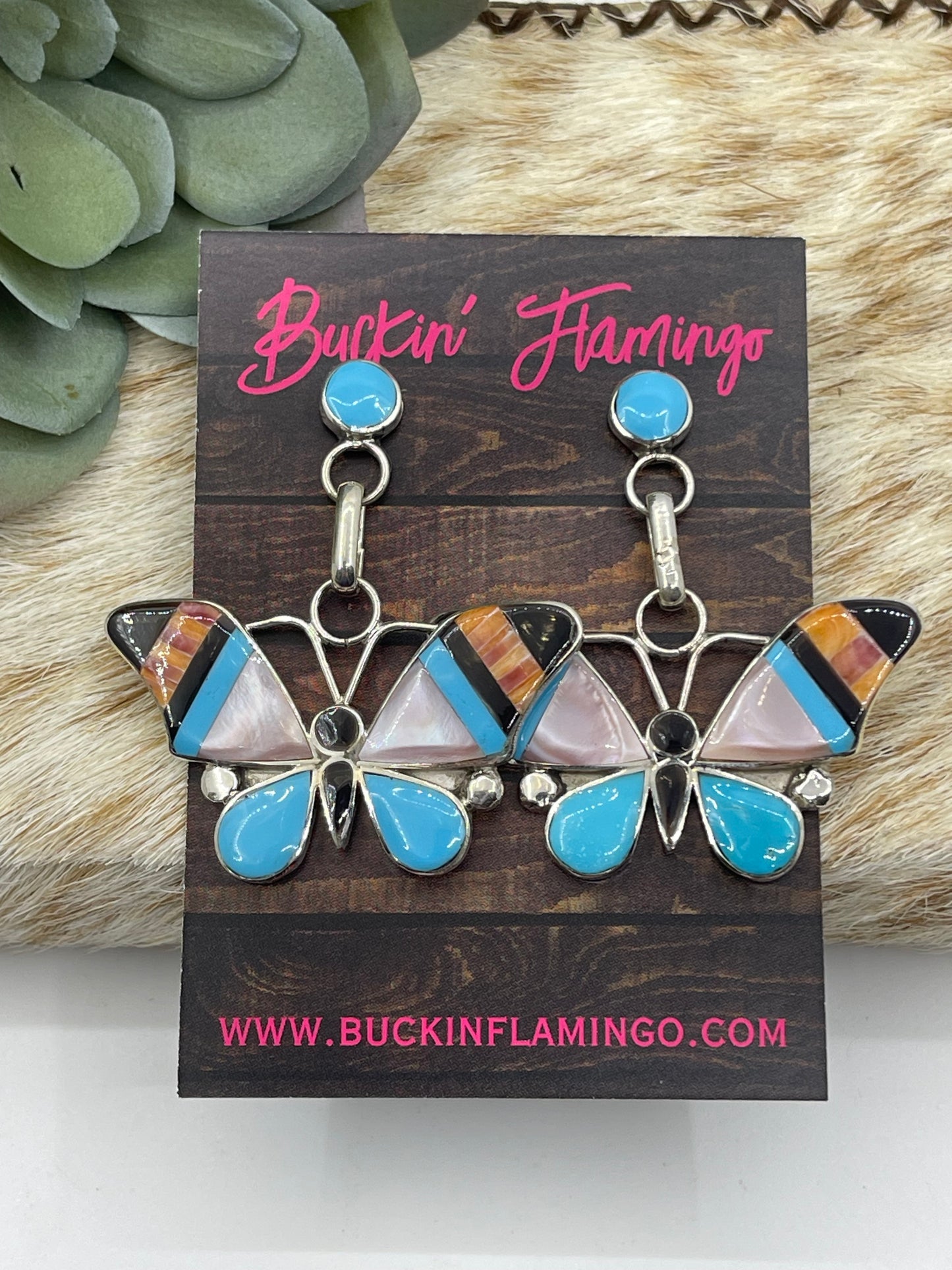 Mother of Pearl, Turquoise, Spiny Oyster, and Black Onyx Butterfly Post Dangle Earrings by Angus Ahiyite, Zuni
