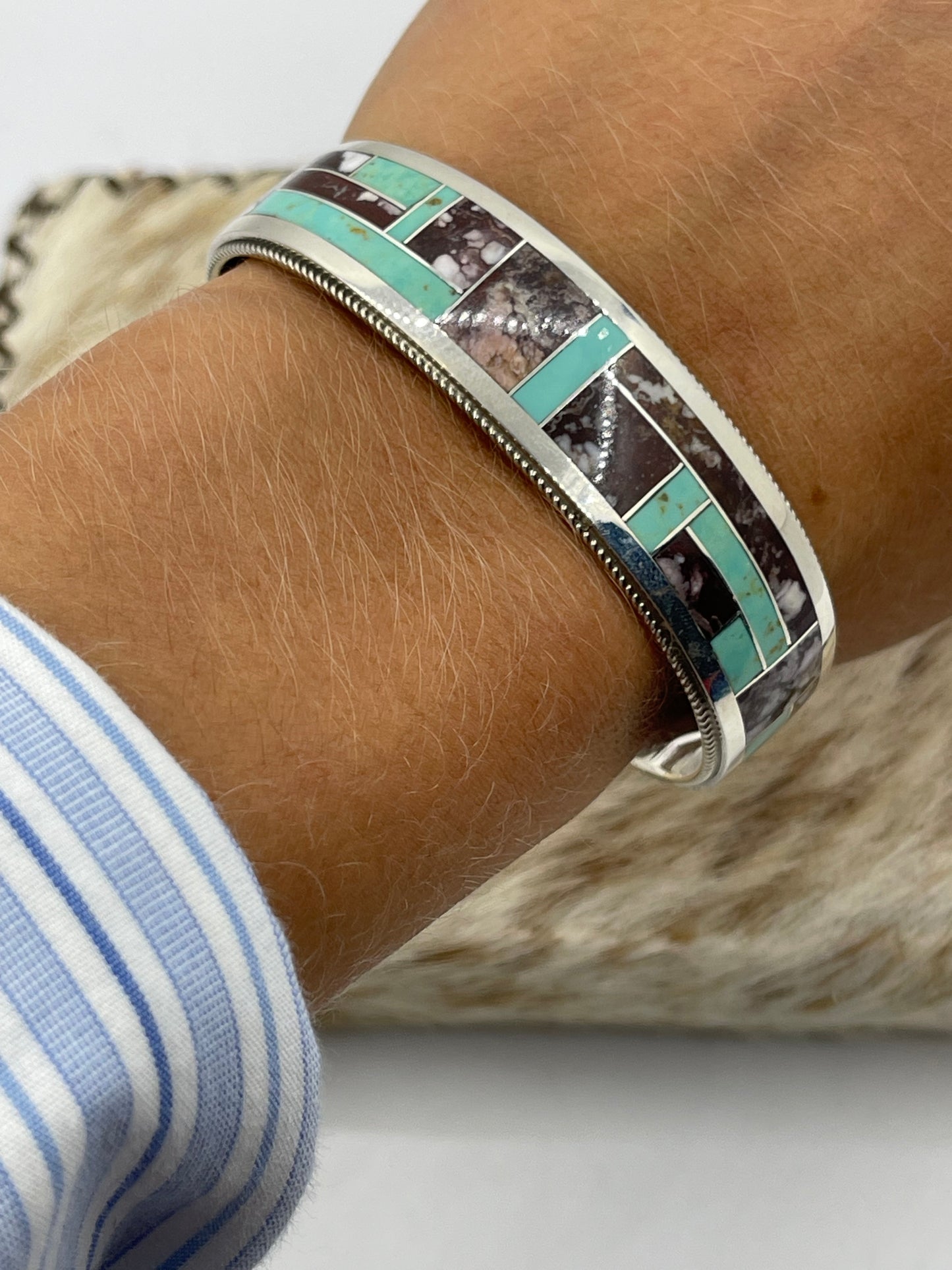 6 1/4" Wild Horse and Turquoise Inlay Cuff by Glendova Booqua, Zuni