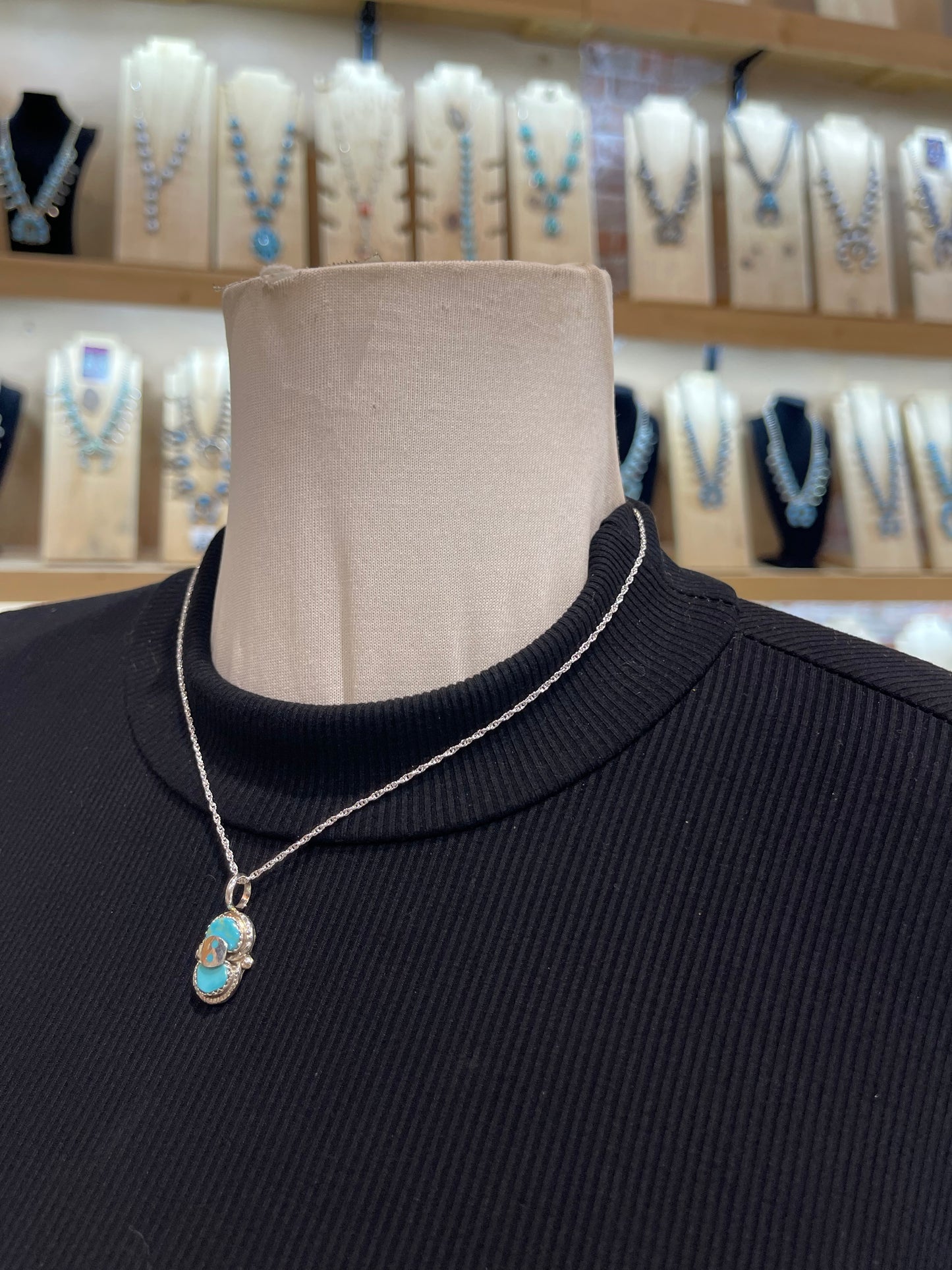 18" Chain 2 Stone Turquoise Snake Pendant 6.2 mm bale by Joy Calavaza, Zuni