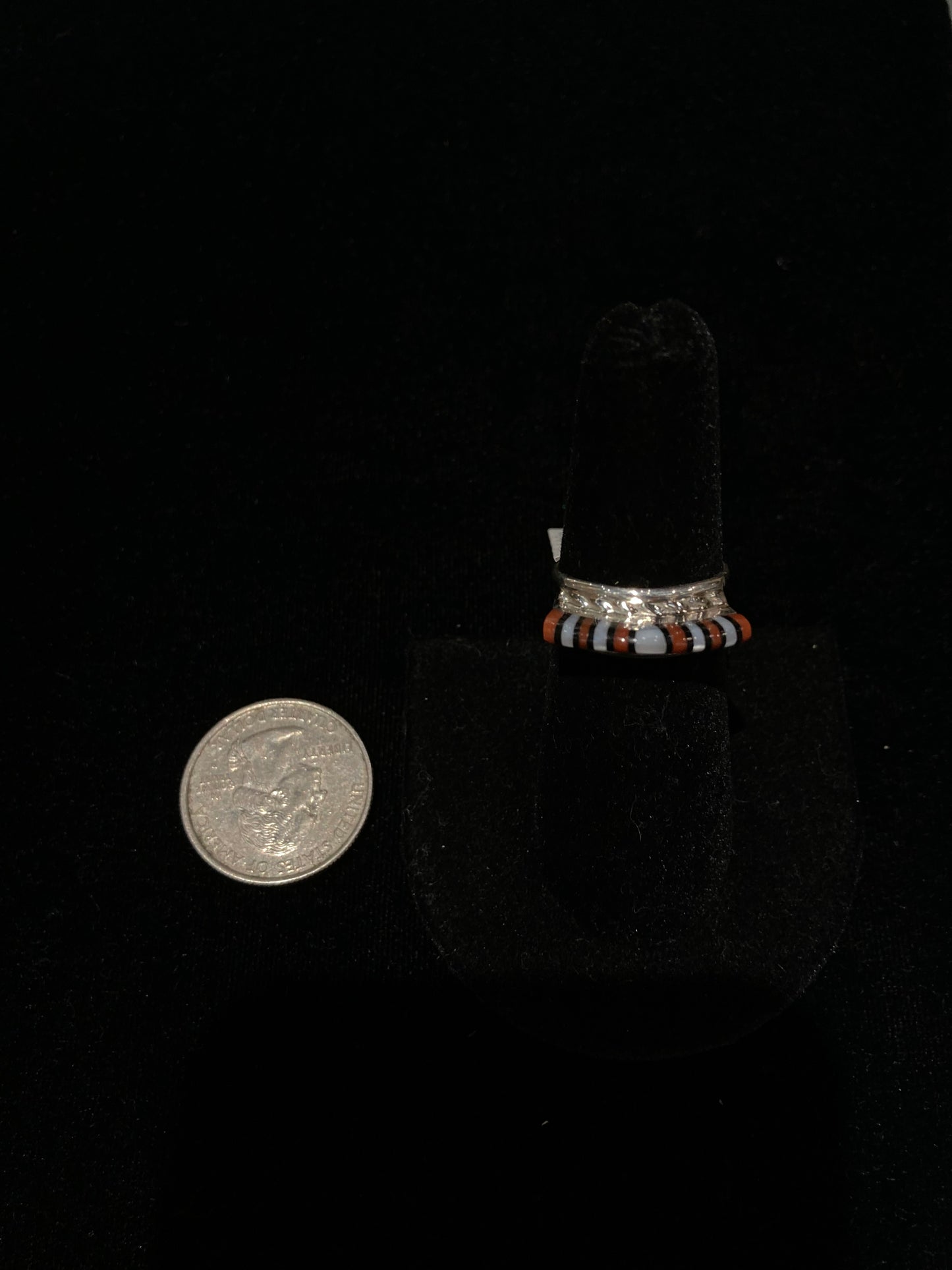 6.0 Coral, Black Onyx, and Pearl Ring by Victor Martza, Zuni