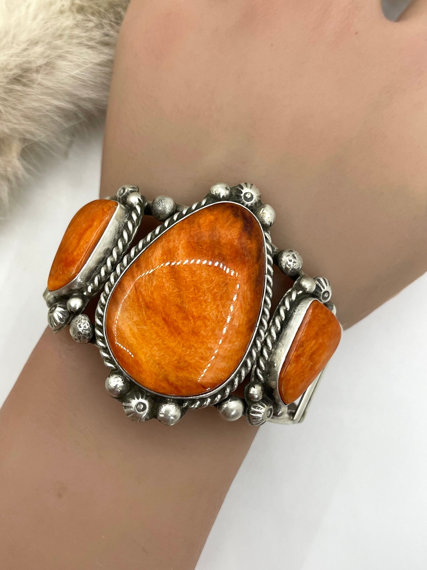 3 Stone Orange Spiny Oyster Cuff by Augustine Largo, Navajo