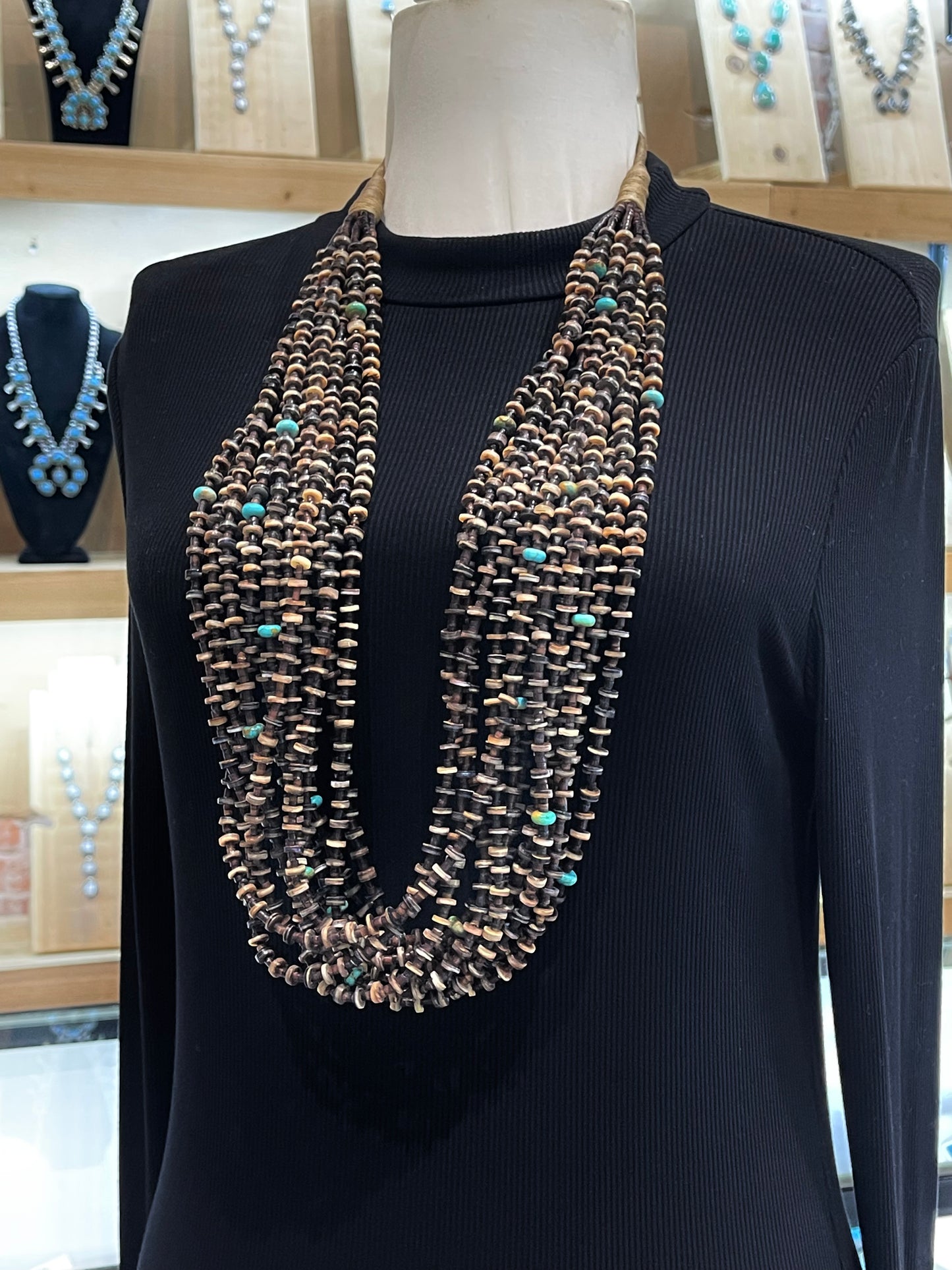 36" 13 Strand Pin Shell & Turquoise Necklace by Jolene Bird, Santo Domingo