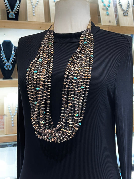 36" 13 Strand Pin Shell & Turquoise Necklace by Jolene Bird, Santo Domingo