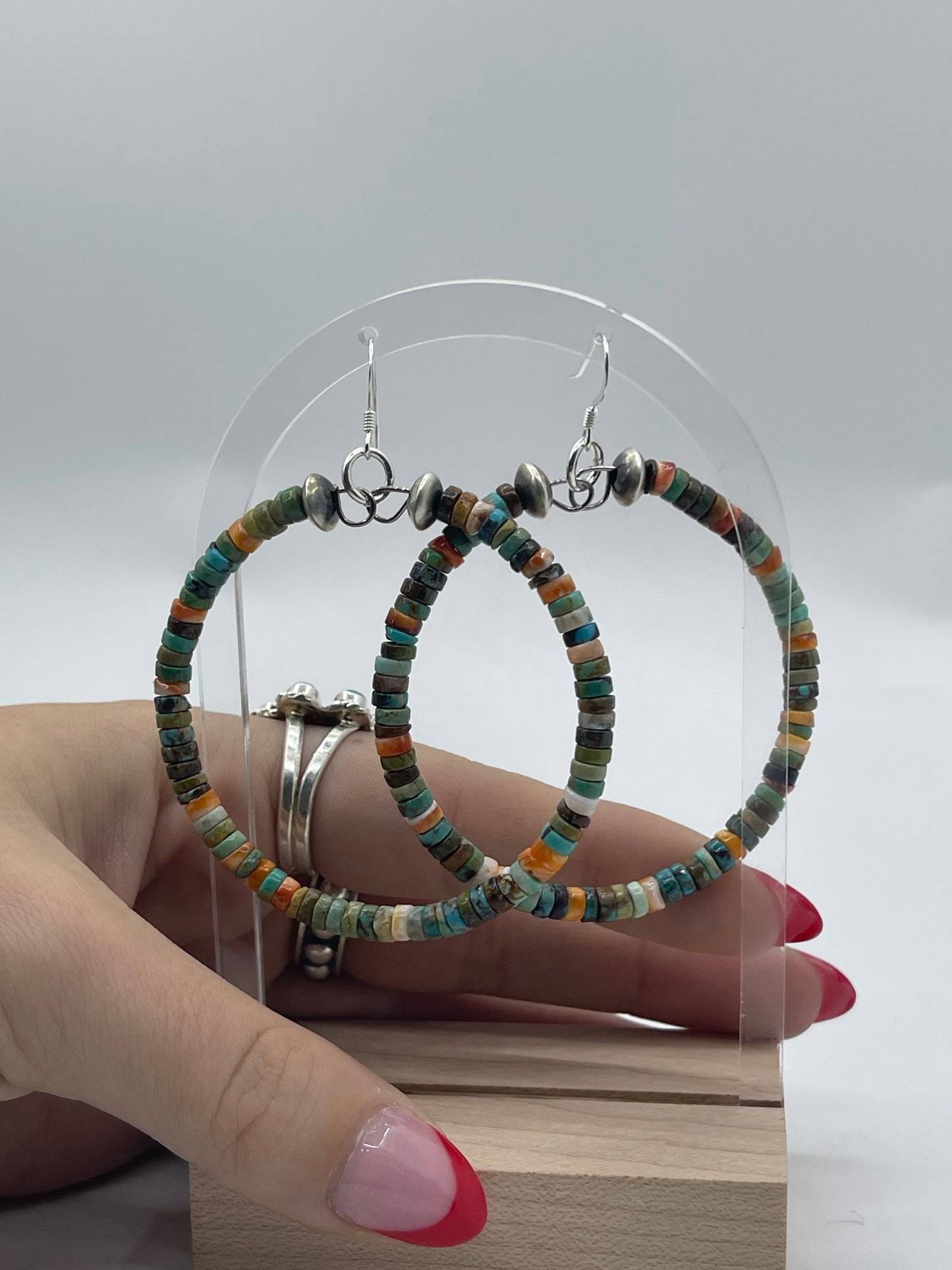 Spiney Oyster and Turquoise Heishi Bead Hoops