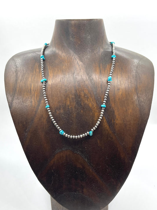 16" 3 mm Navajo Style Pearls with Turquoise Necklace