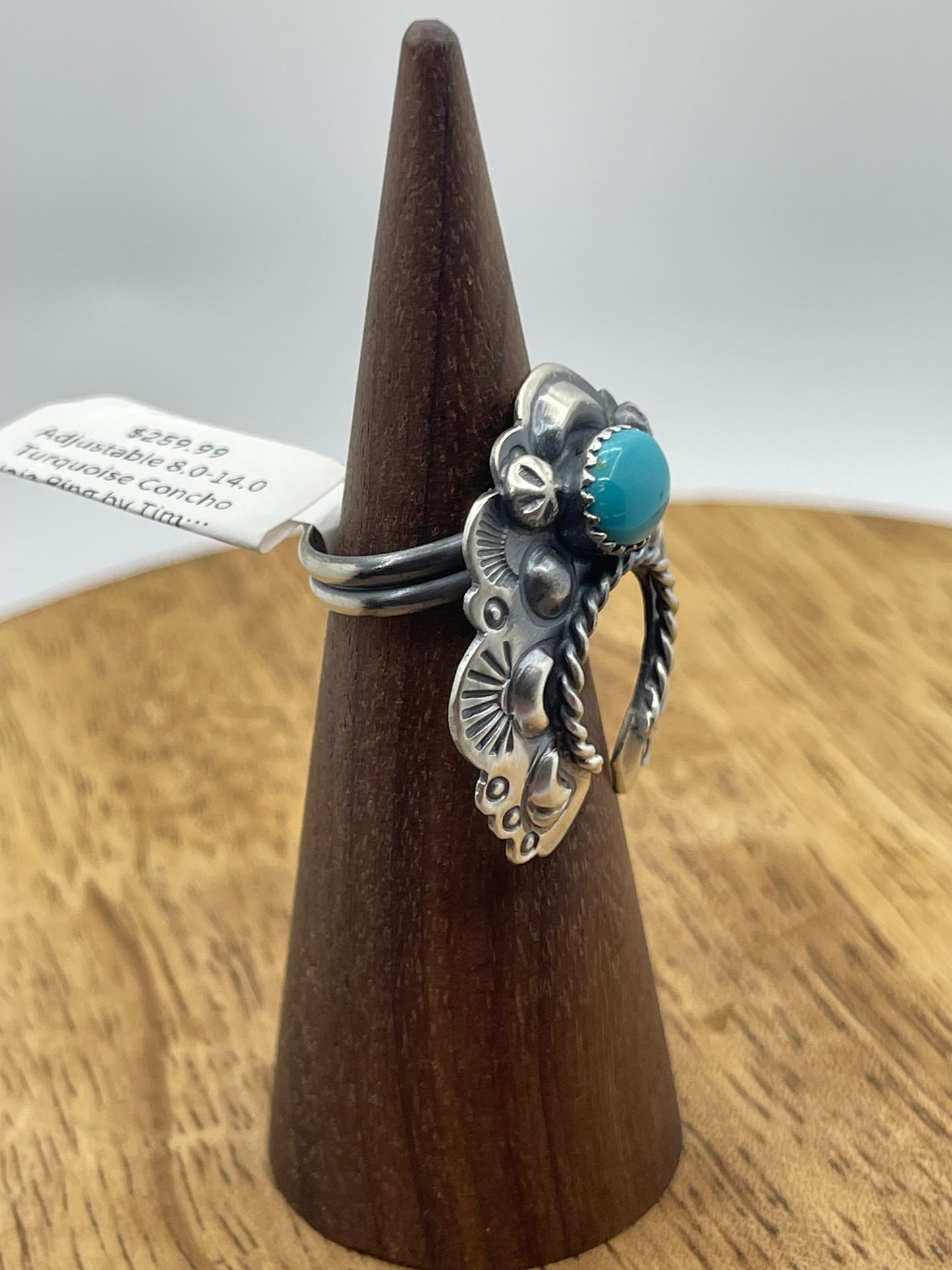 Adjustable 8.0-14.0 Turquoise Concho Naja Ring by Tim Yazzie, Navajo