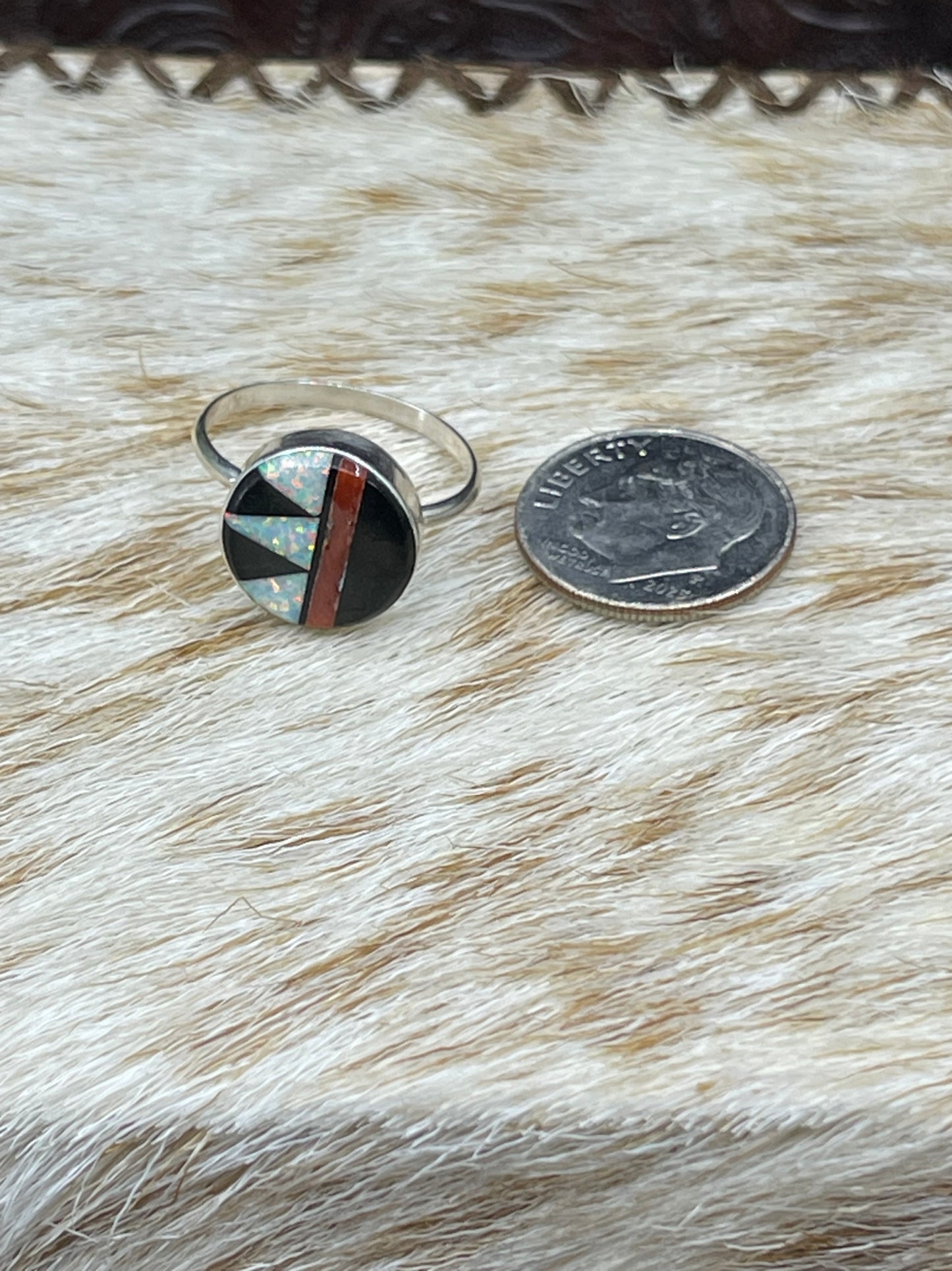 6.5 Coral, Opal, Onyx Inlay Ring by Tyrone Martinez, Navajo