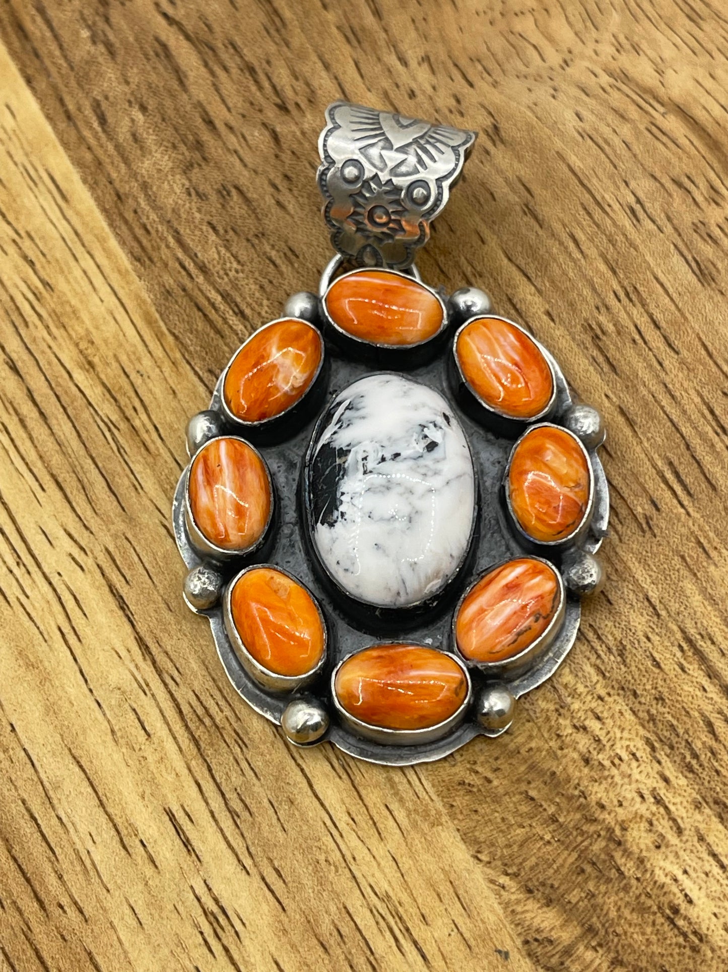 Orange Spiny and White Buffalo Cluster Pendant with a 11mm Bale by Boyd Ashley, Navajo
