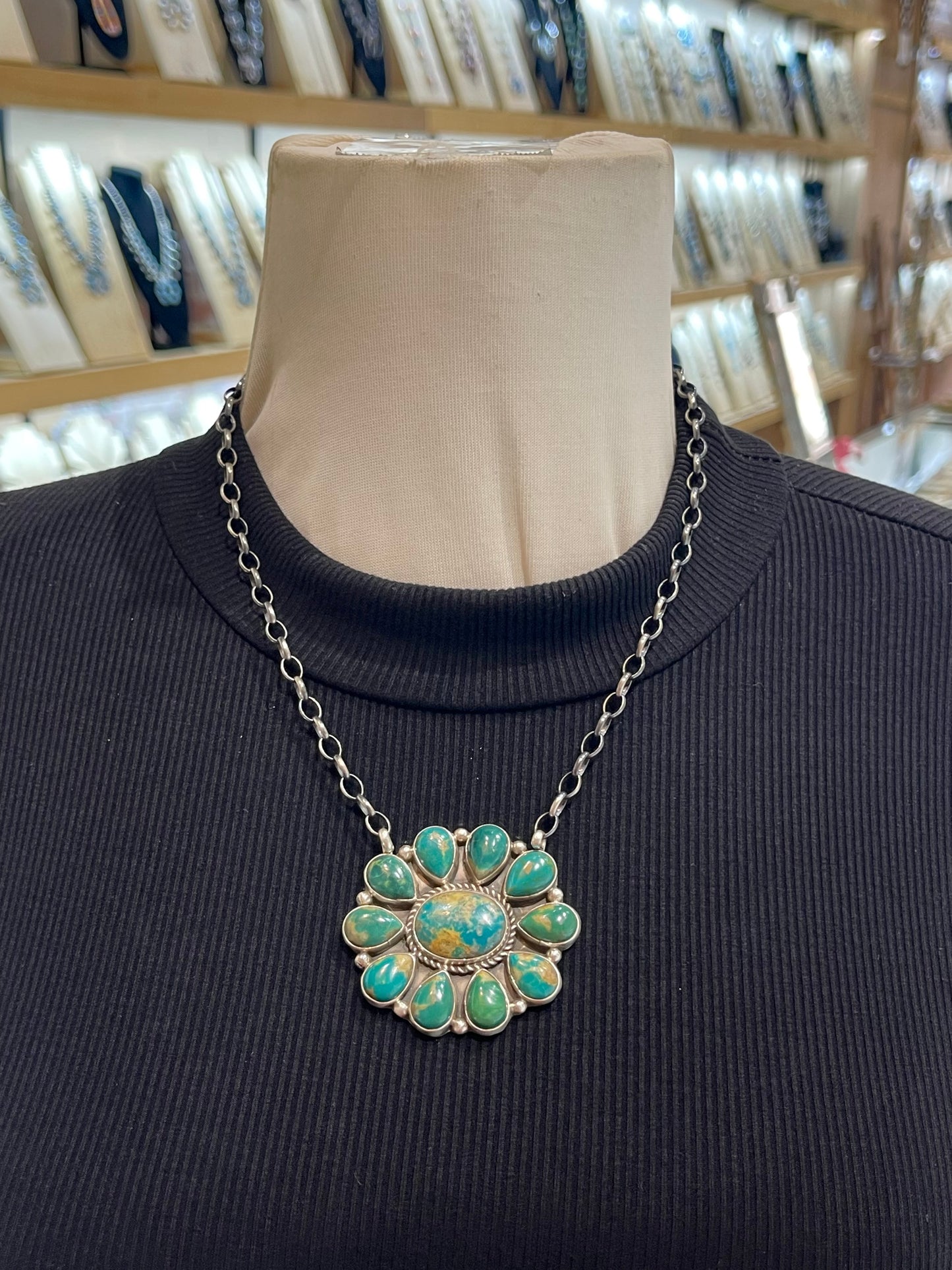 18" Kingman Turquoise Cluster Necklace by Geraldine James, Navajo