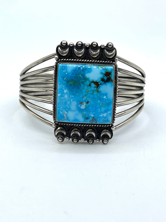 5.75"-7.25" High Grade Kingman Turquoise Cuff by Derrick Gordon, Navajo
