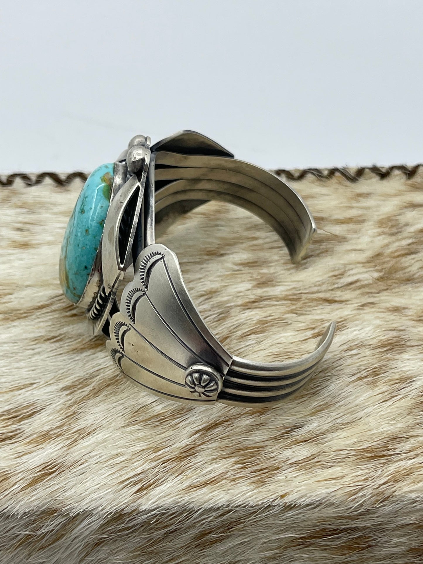 5 3/4"-7" Sonoran Gold Turquoise and Silver Cuff by Delbert Secatero, Navajo