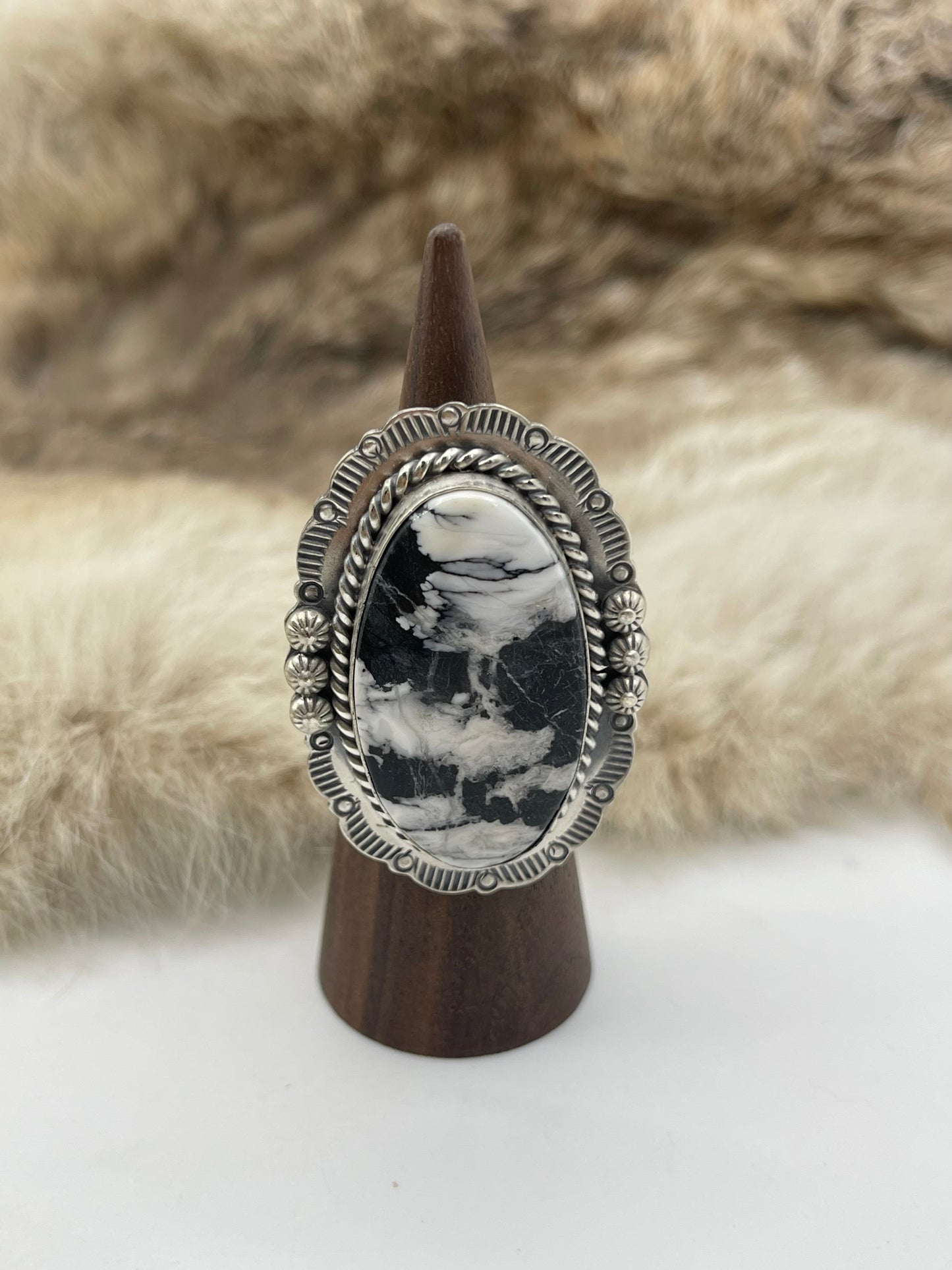 Adjustable 7.0-10.0 White Buffalo Ring with Stamped "L" by Artist