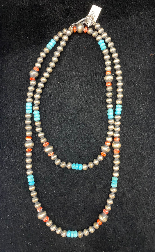 34" Graduated Navajo Pearls with Sleeping Beauty Turquoise and Spiny Oyster Shell Beads