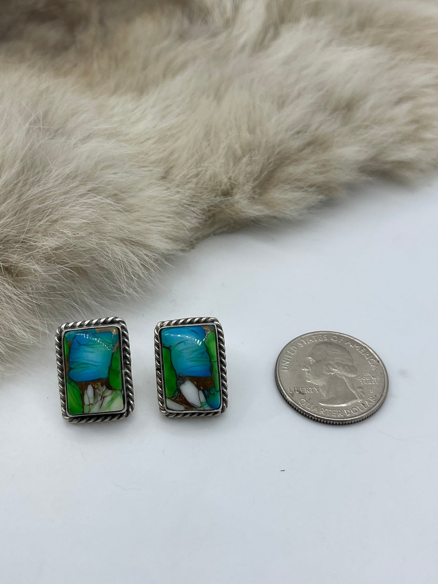 PEACOCK DAHLIA POST EARRINGS BY CHASSITY BELONE, NAVAJO