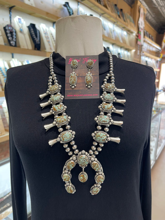 28”+4” #8 Turquoise Squash Blossom& Earring Set by Augustine Largo, Navajo