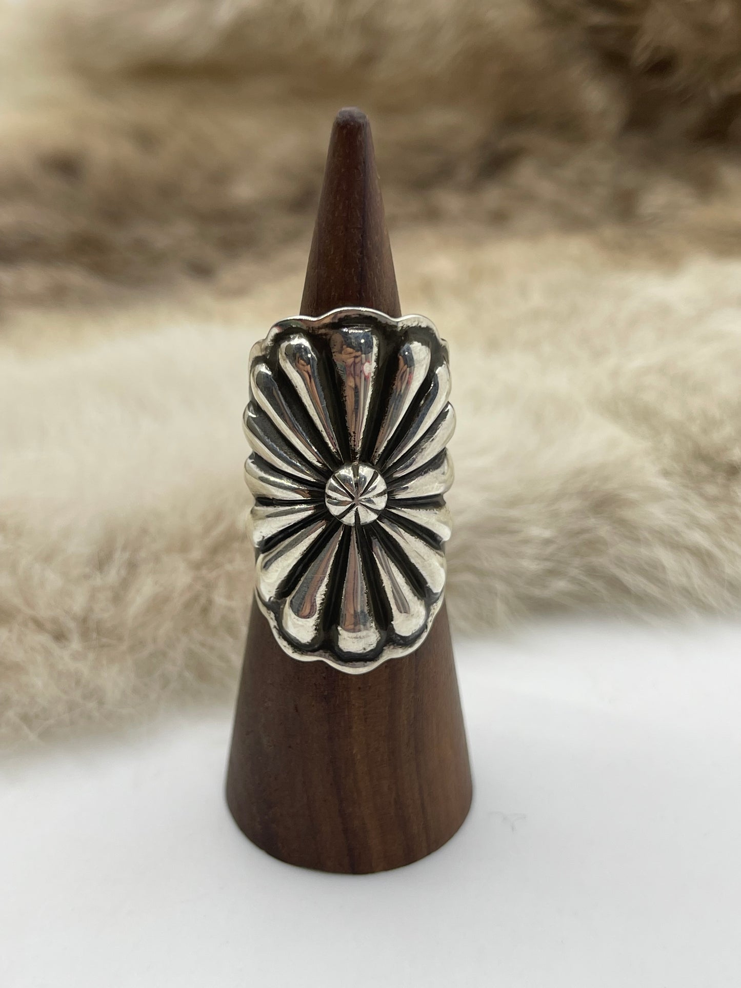 7.5 Silver Oval Concho Ring by Darnell Cadman, Navajo