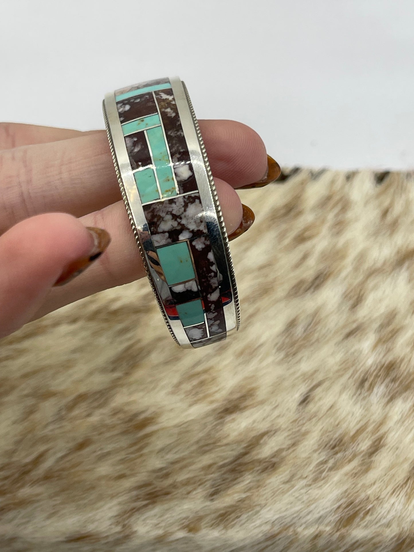 6 1/4" Wild Horse and Turquoise Inlay Cuff by Glendova Booqua, Zuni