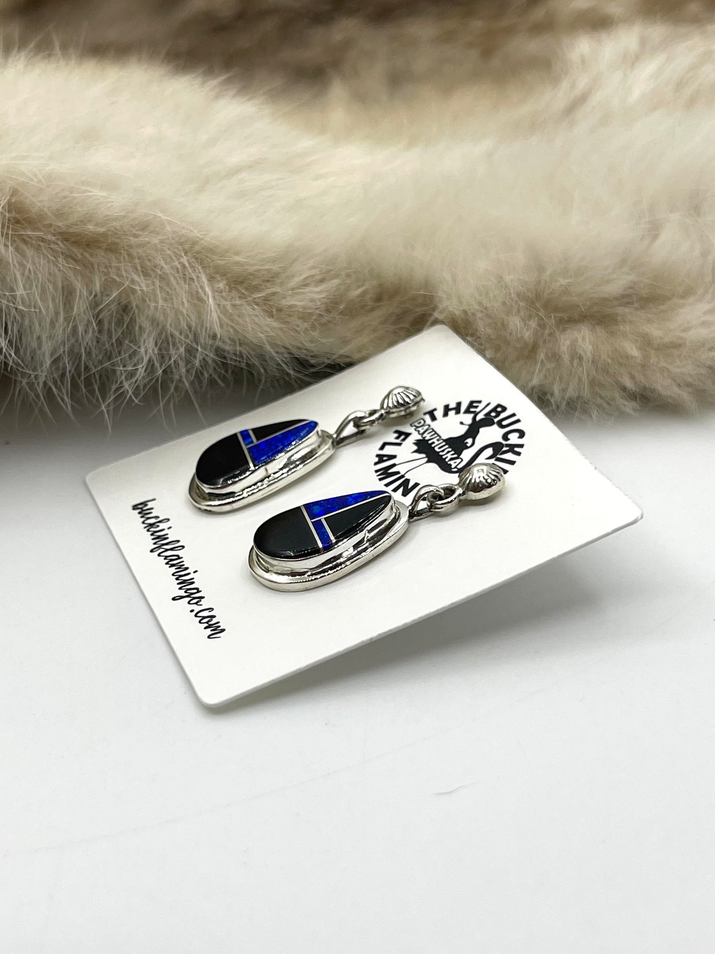 Blue Opal and Onyx Earrings by James Manygoats, Navajo