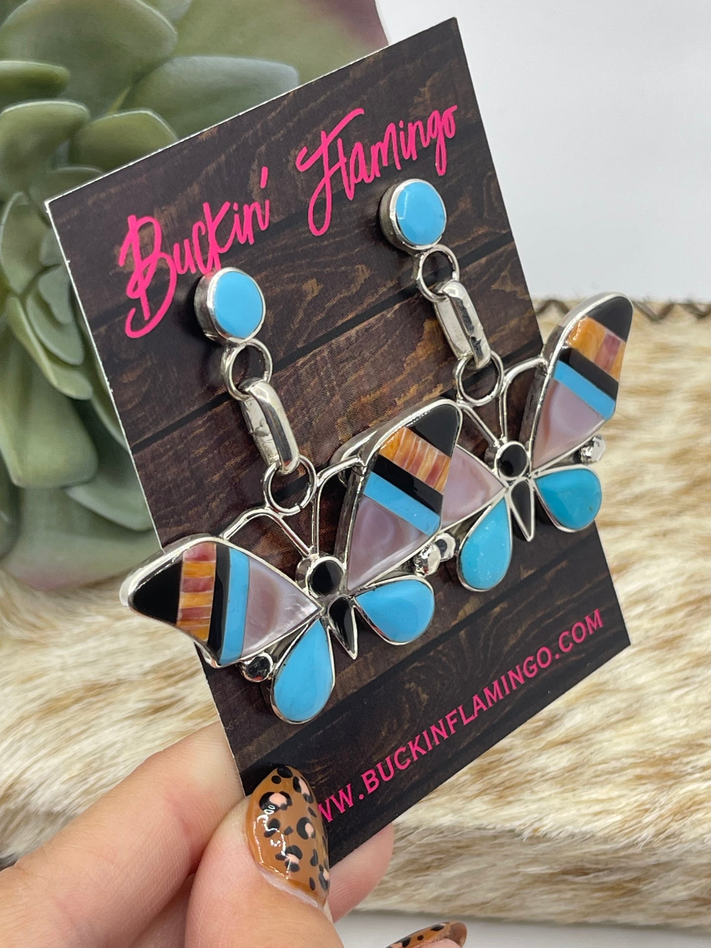 Mother of Pearl, Turquoise, Spiny Oyster, and Black Onyx Butterfly Post Dangle Earrings by Angus Ahiyite, Zuni