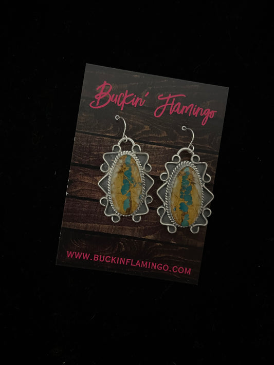 Boulder Ribbon Turquoise Oval Dangle Earrings by Terrell Nez, Navajo