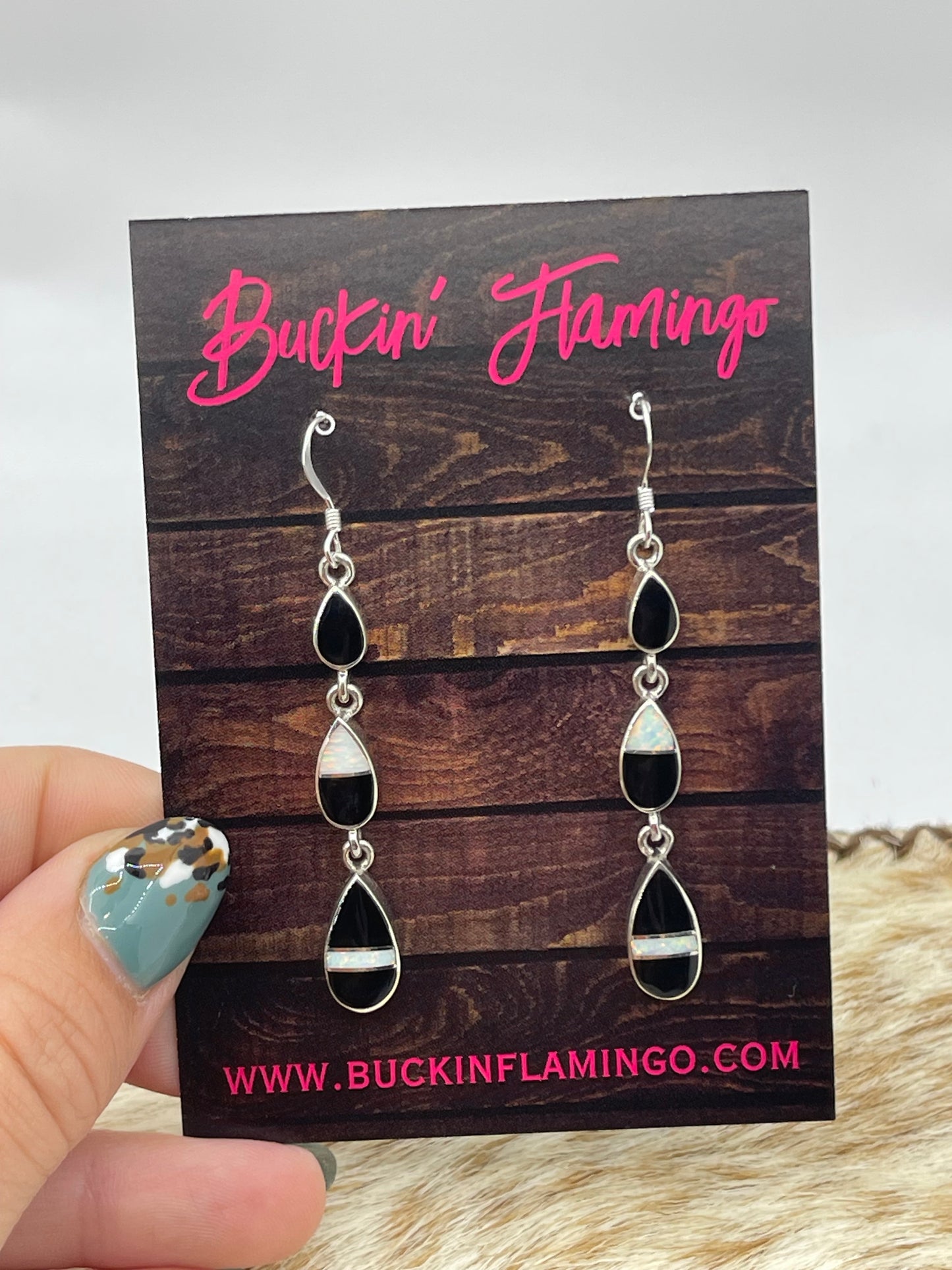 White Opal and Black Onyx Dangle Earrings by James Manygoats, Navajo
