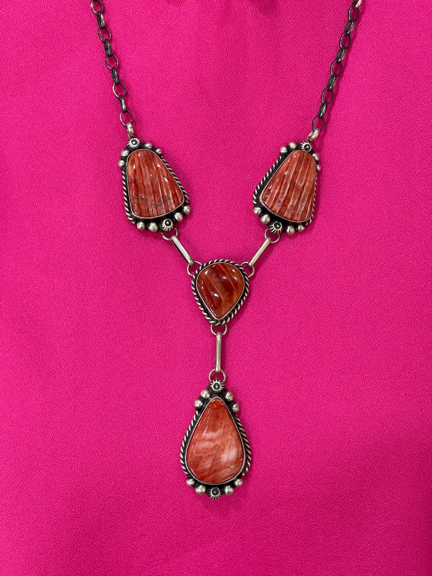 20"+3 1/2" Red Spiny Oyster Shell Lariat Necklace and Dangle Earrings Set by Augustine Largo, Navajo