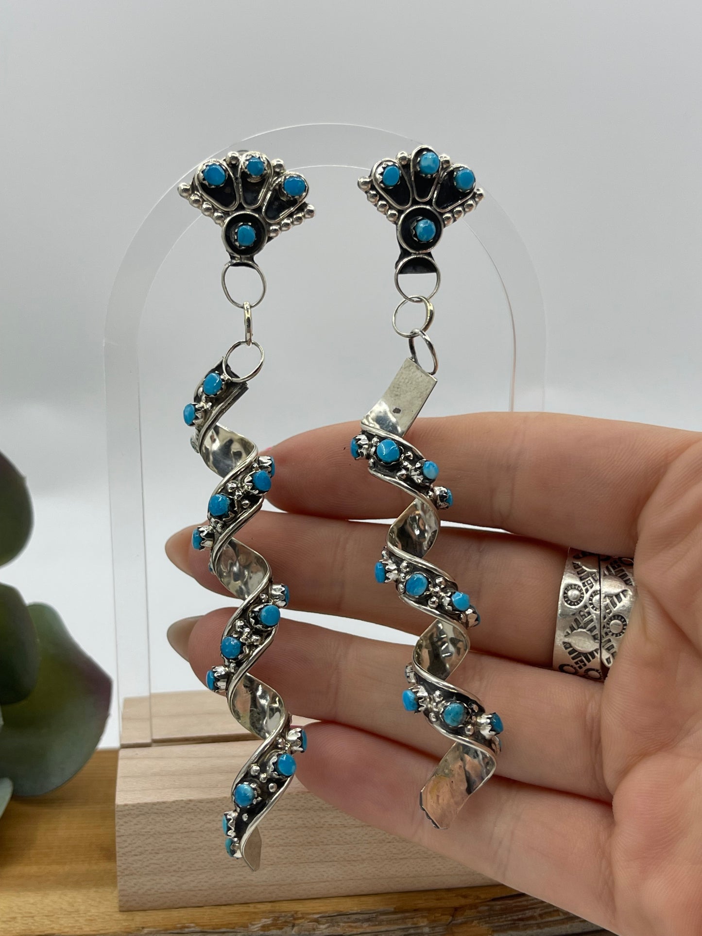 Turquoise Snake Eye Spiral Post Dangle Earrings by Joanne Cheama, Zuni