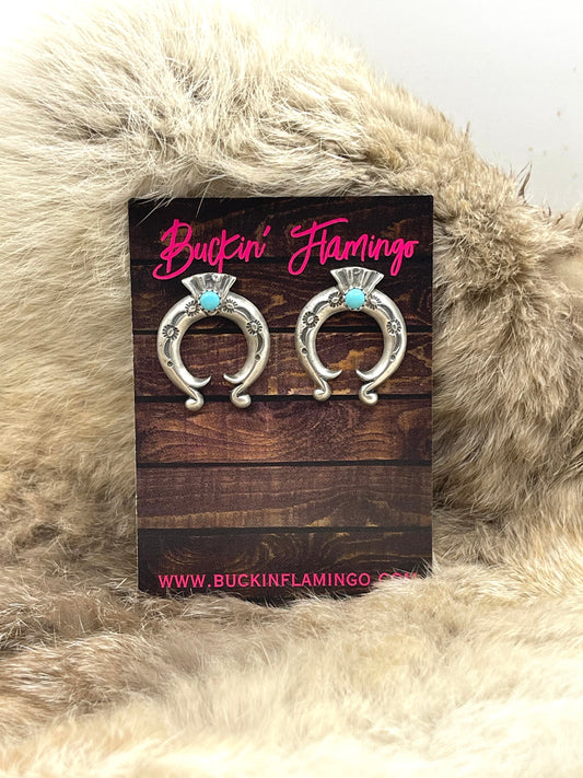 Stamped Naja Post Earrings with Turquoise by Adrienne Gordon, Navajo