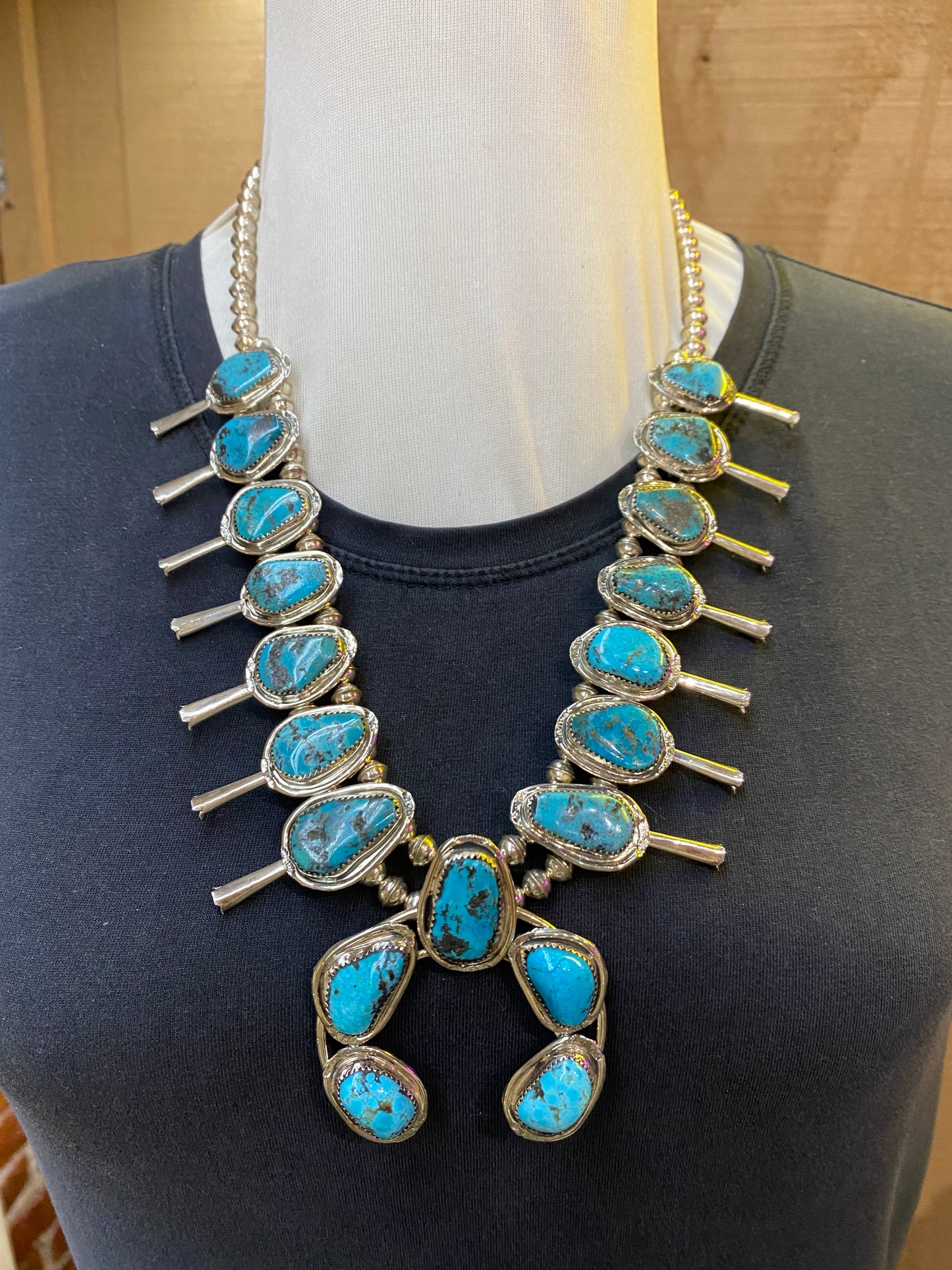 22" Natural Turquoise Squash Blossom Necklace