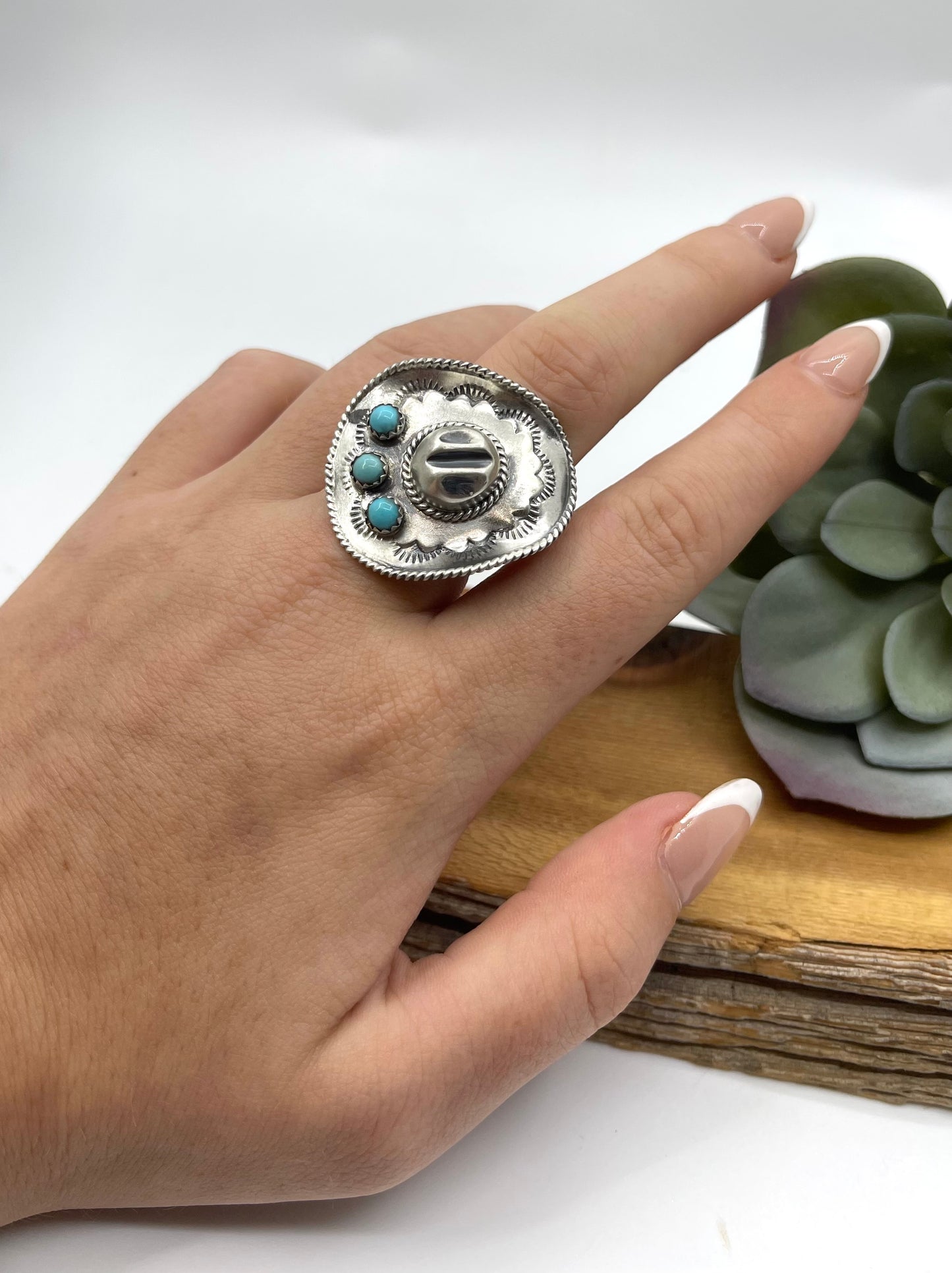 9.0 Sterling Cowboy Hat Ring with 3 Turquoise Stones by Bobby Platero, Navajo