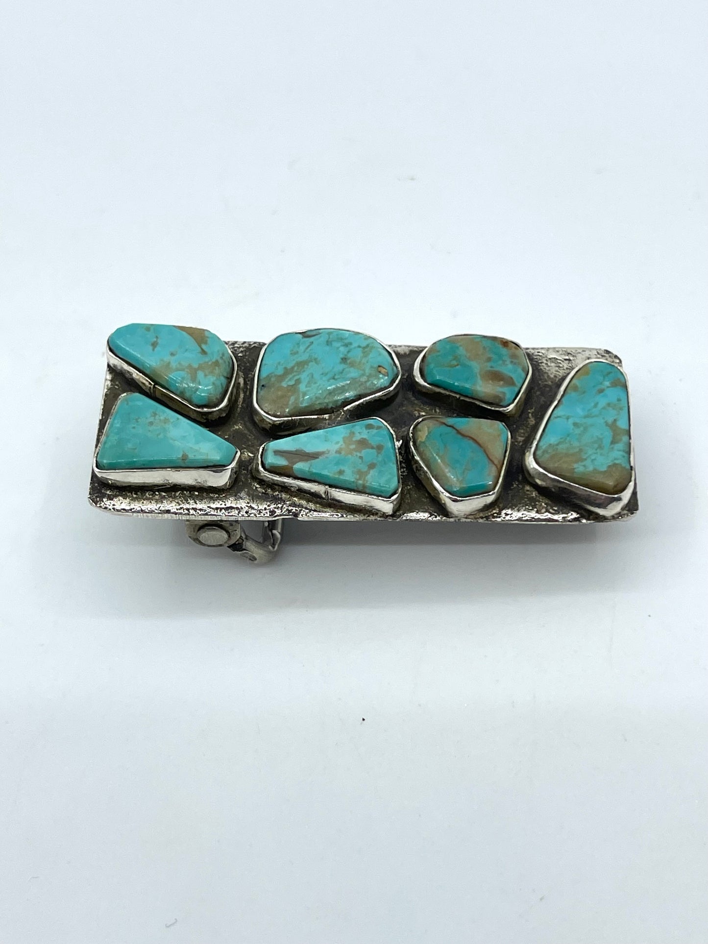 7 Stone Kingman Turquoise Belt Buckle 2.5"x1" by Jude Candelaria, Zuni