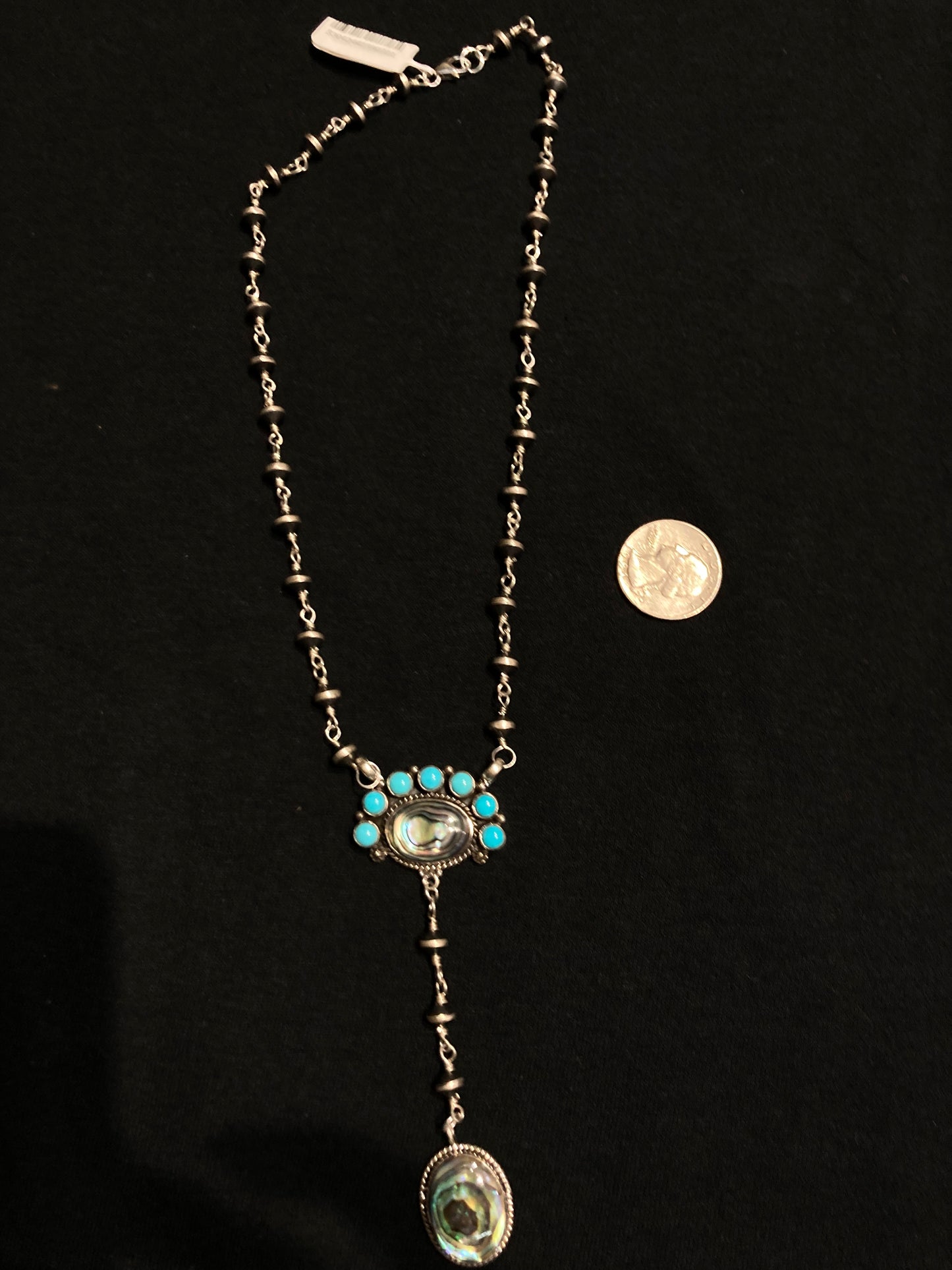 18"+3" Dangle Abalone with Turquoise and Navajo Pearls Necklace by Zia