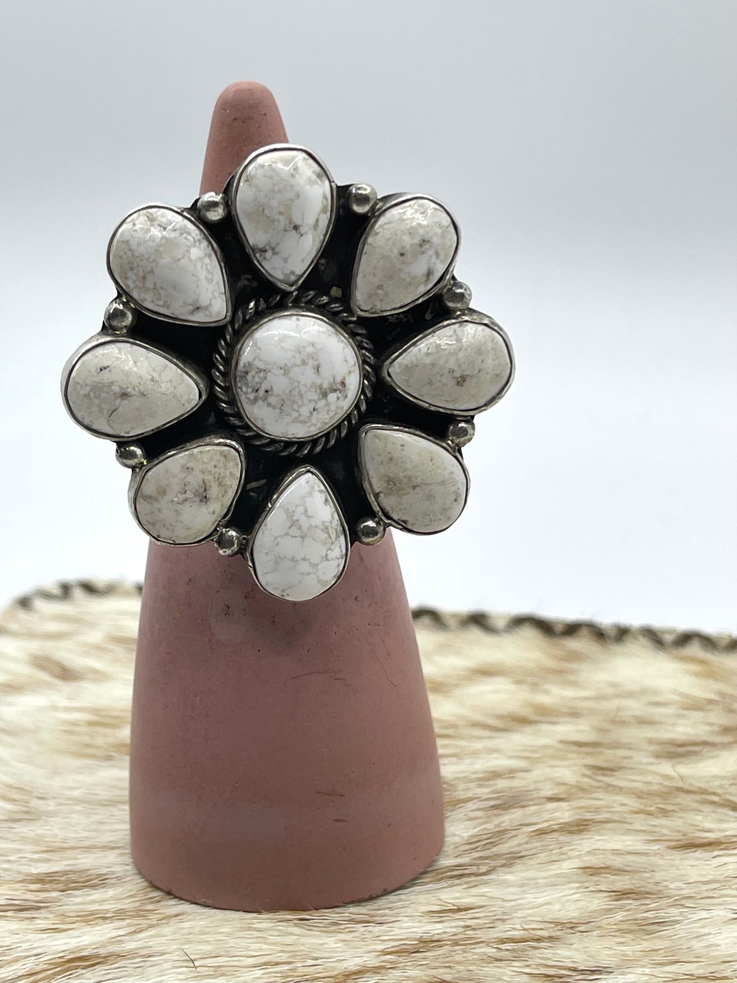 Adjustable 8-10 White Buffalo Cluster Ring