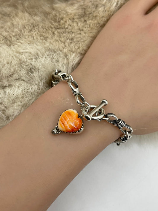 6.75” Orange Spiny Oyster Shell Heart Toggle Clasp Bracelet *Bezel Varies